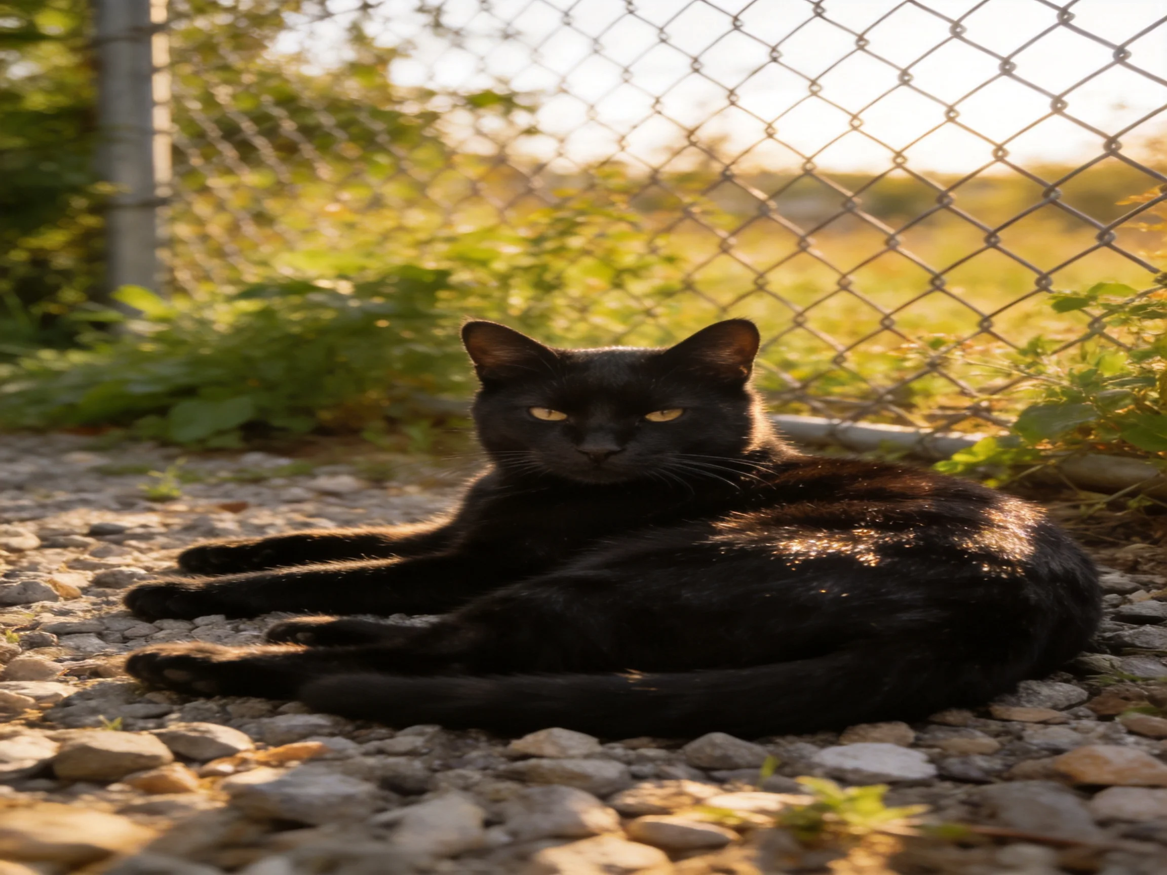 A sleek black cat rests on gravel near a chain-link fence in golden light