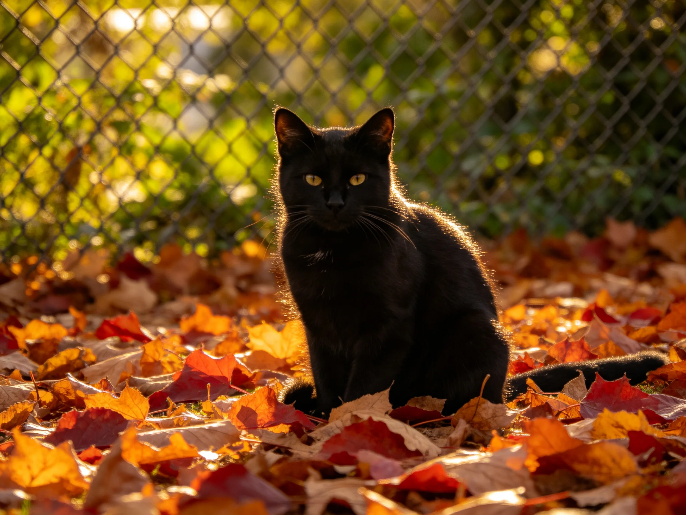 A sleek black cat sits amid colorful fall leaves near a chain-link fence