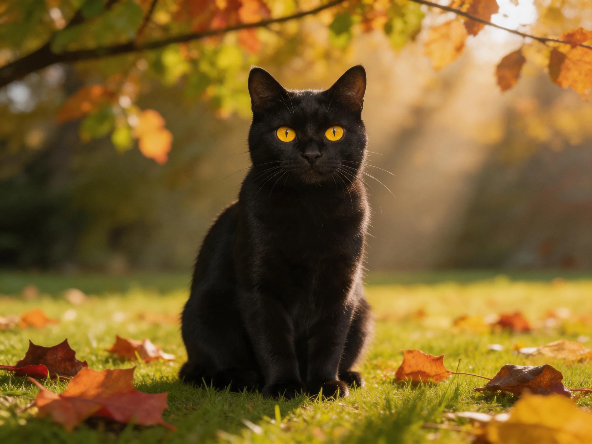 A sleek black cat sits amid colorful fallen leaves in an autumnal park