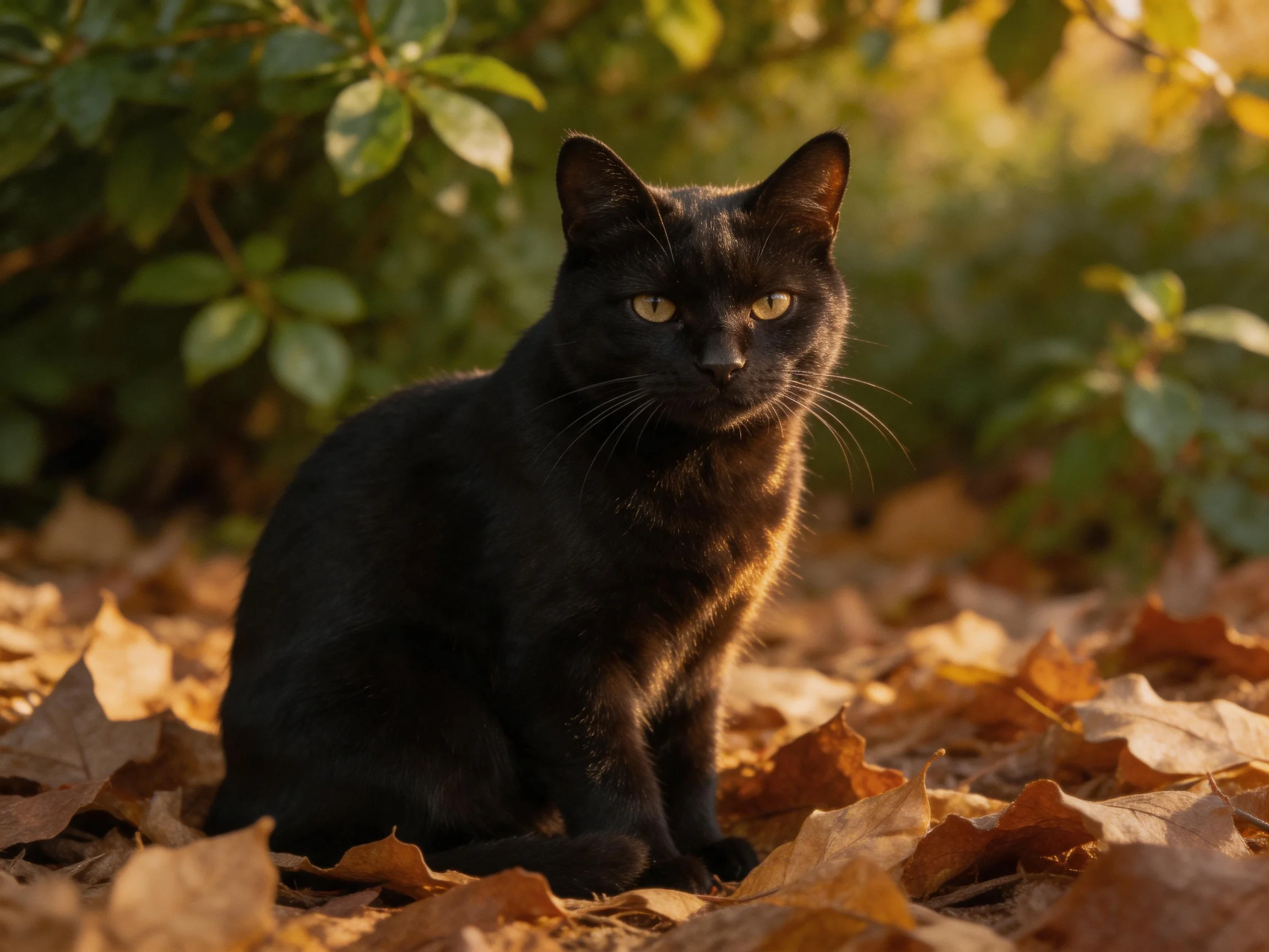 A black cat sits among autumn leaves outdoors.