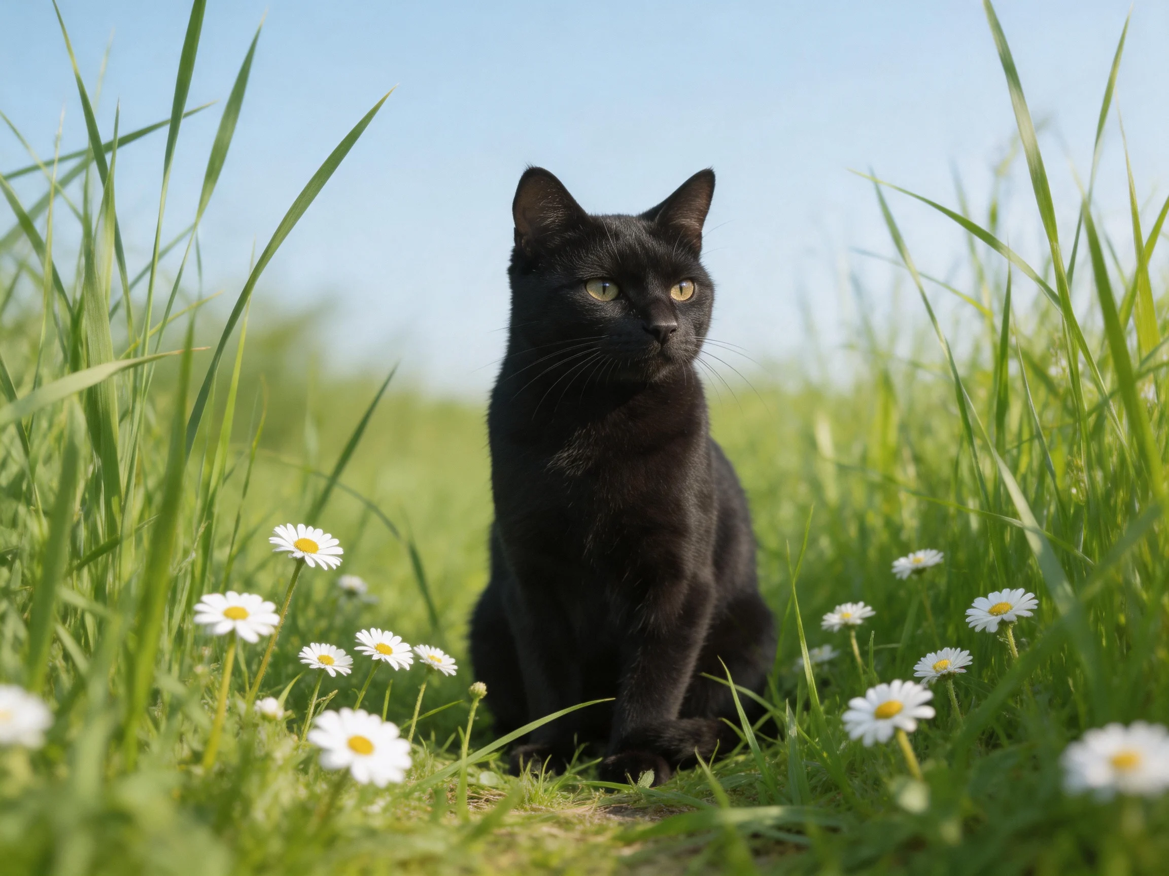 A sleek black cat sits calmly among tall grass and daisies in a sunlit field.