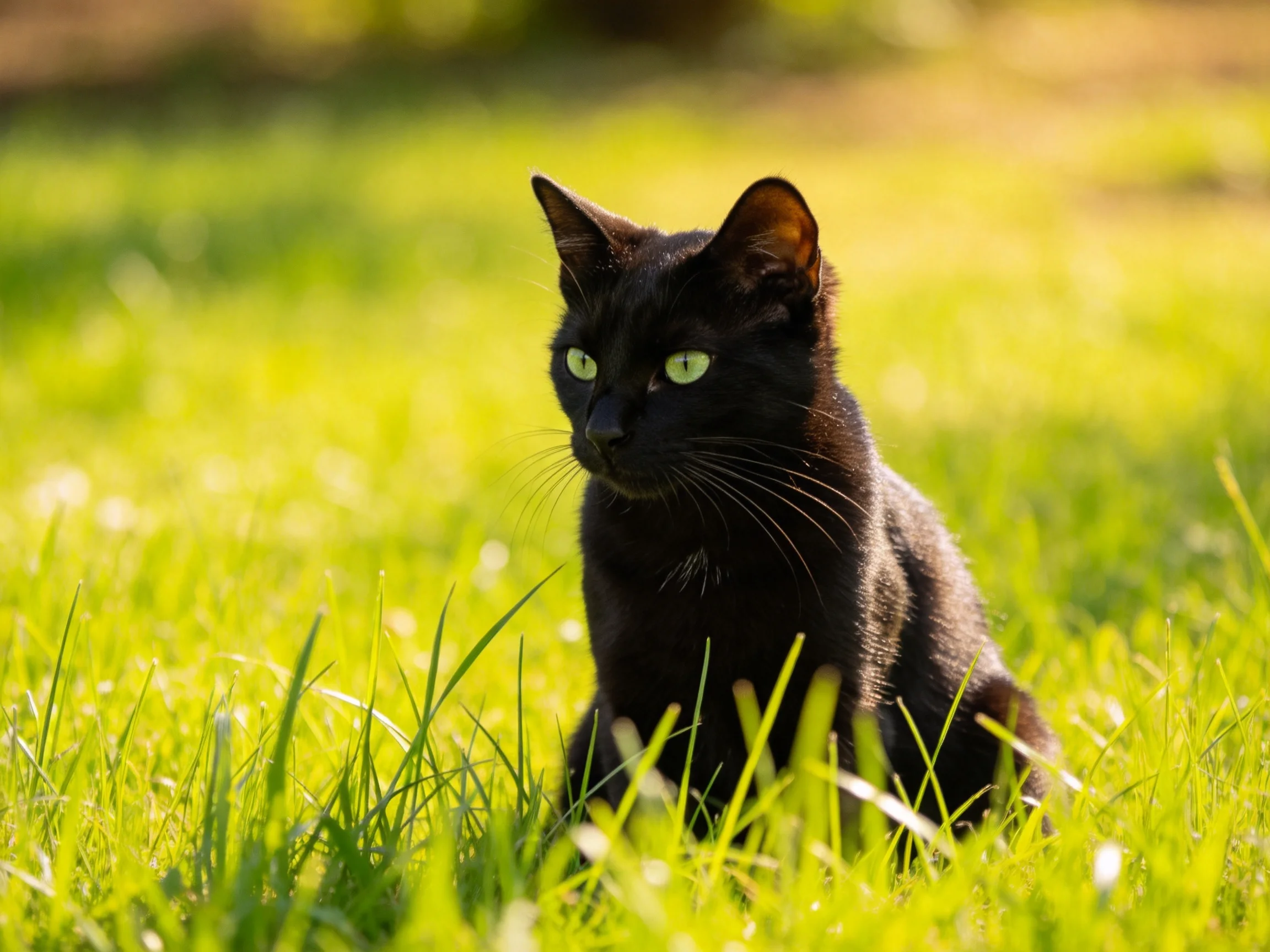 A black cat sits calmly among tall green grass in a sunlit area.