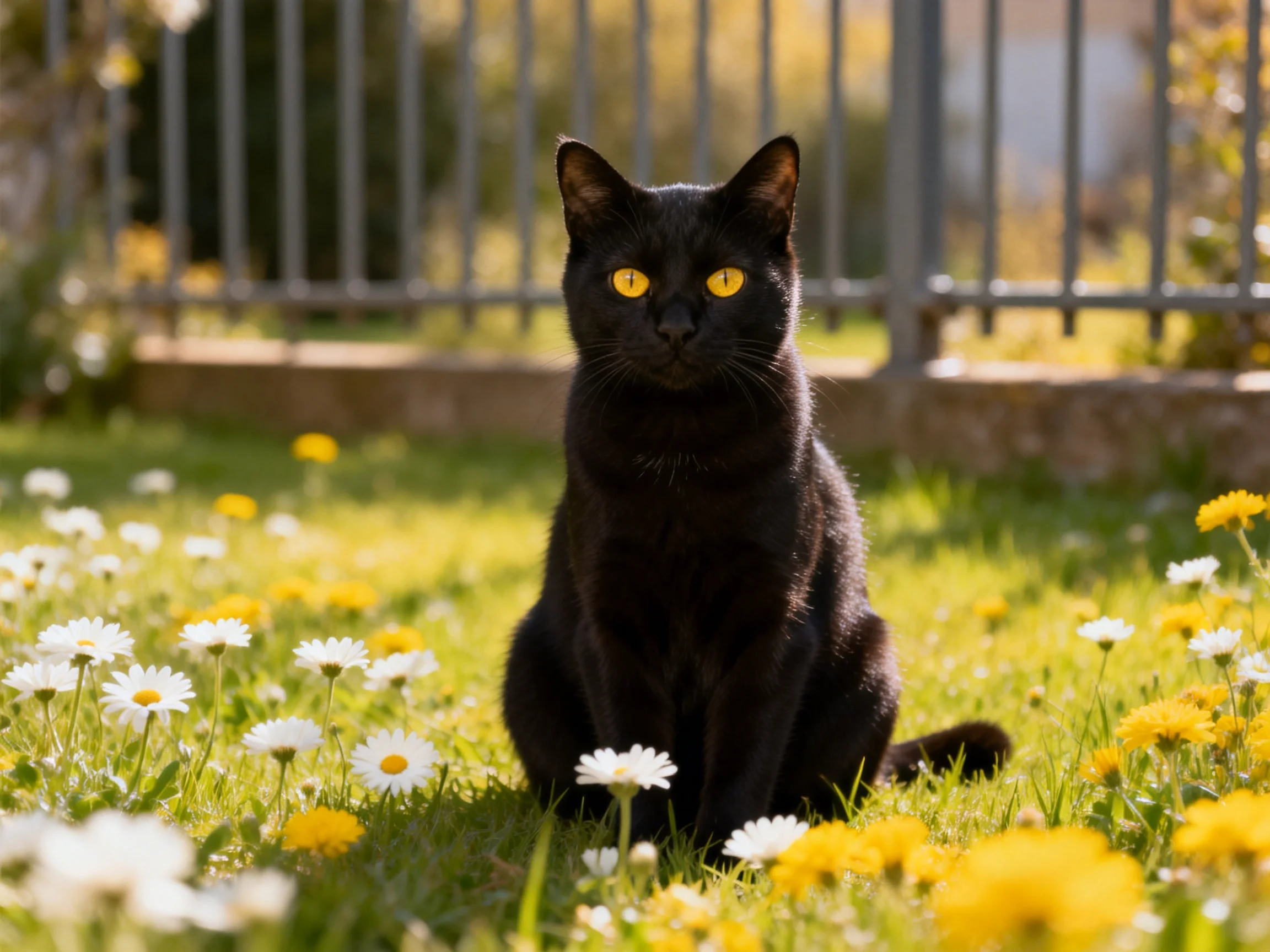 A sleek black cat sits among white and yellow wildflowers in a sunlit garden