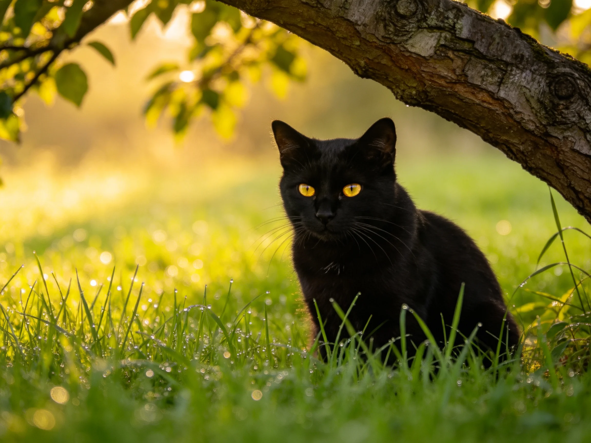 A sleek black cat rests near a tree branch in a sunlit meadow.