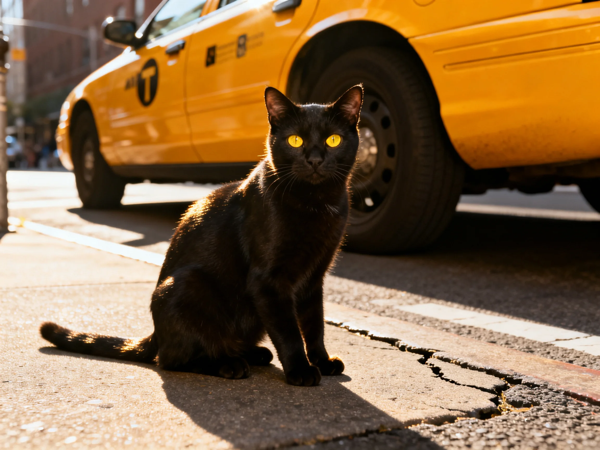 A black cat sits near a yellow taxi on a city sidewalk.