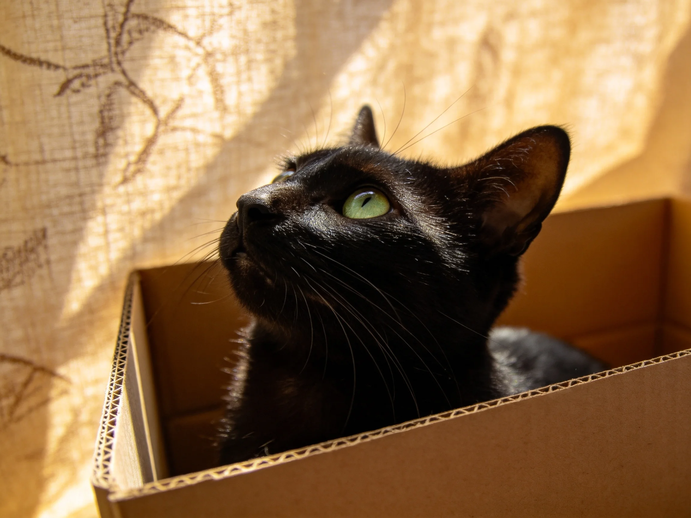 A black cat rests inside a cardboard box adjacent to a sunlit curtain.