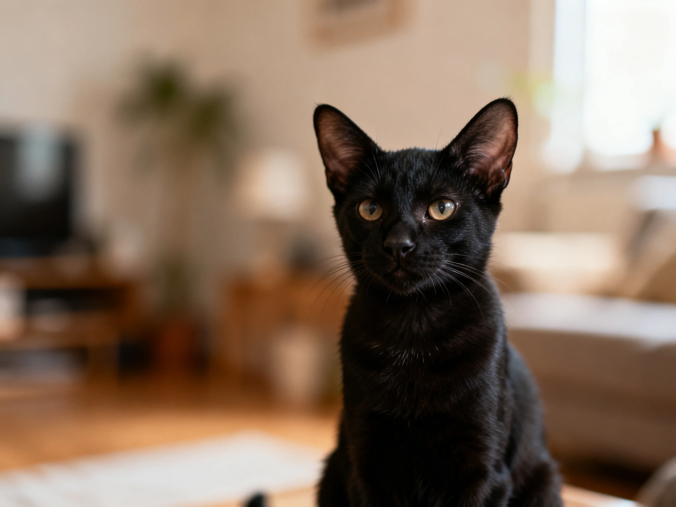 A black cat sits calmly in a softly lit home interior.