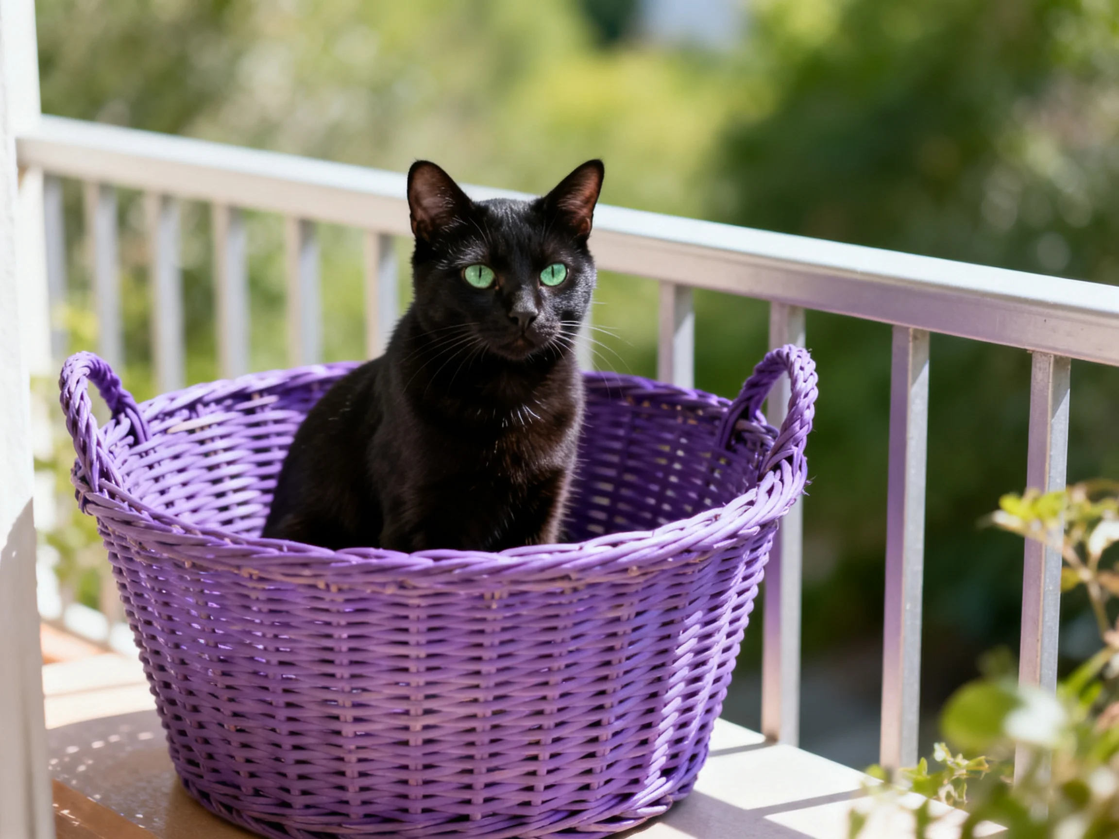 A black cat sits inside a purple wicker basket on a balcony