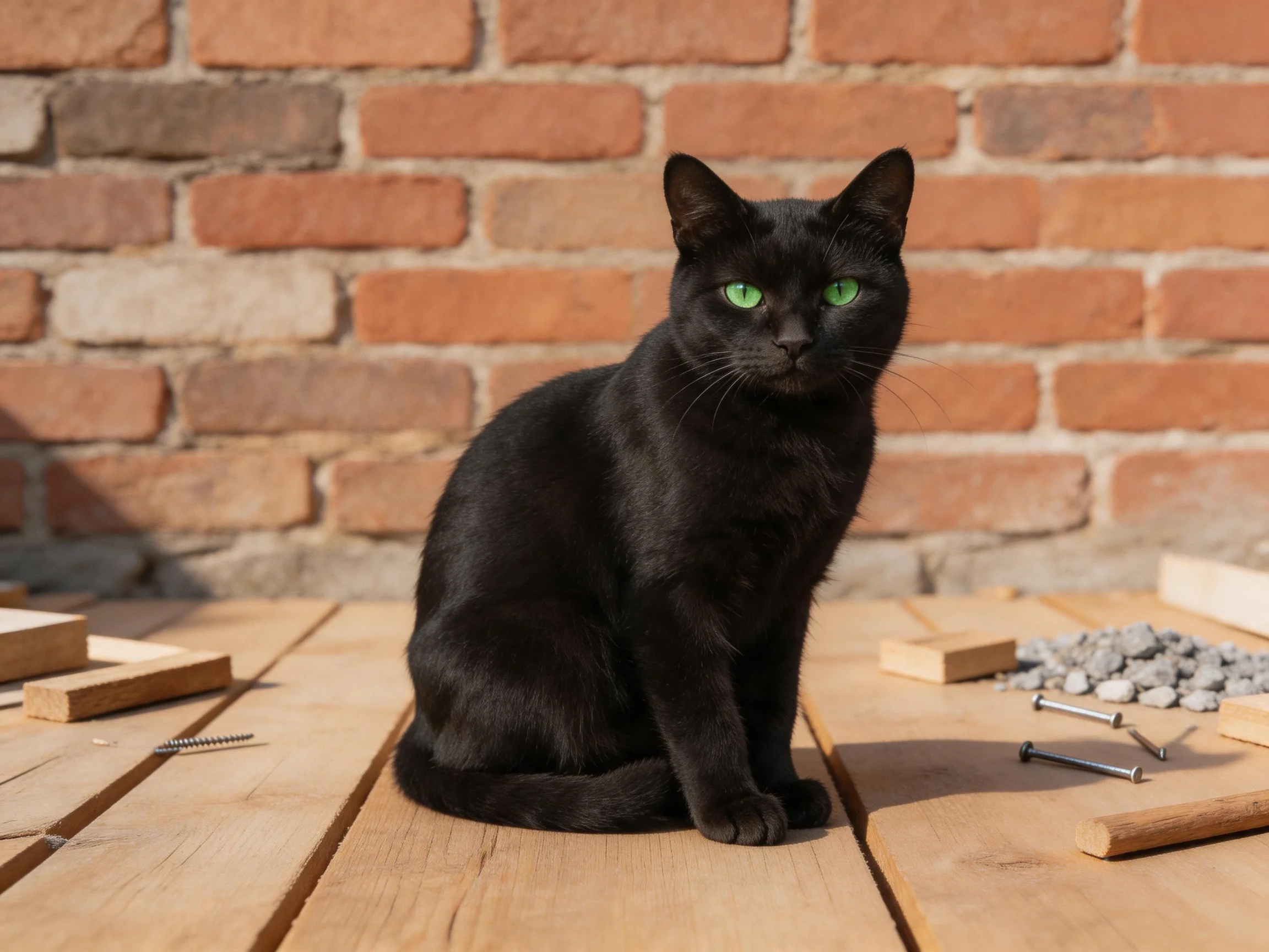 A sleek black cat sits near a brick wall with scattered wood and hardware