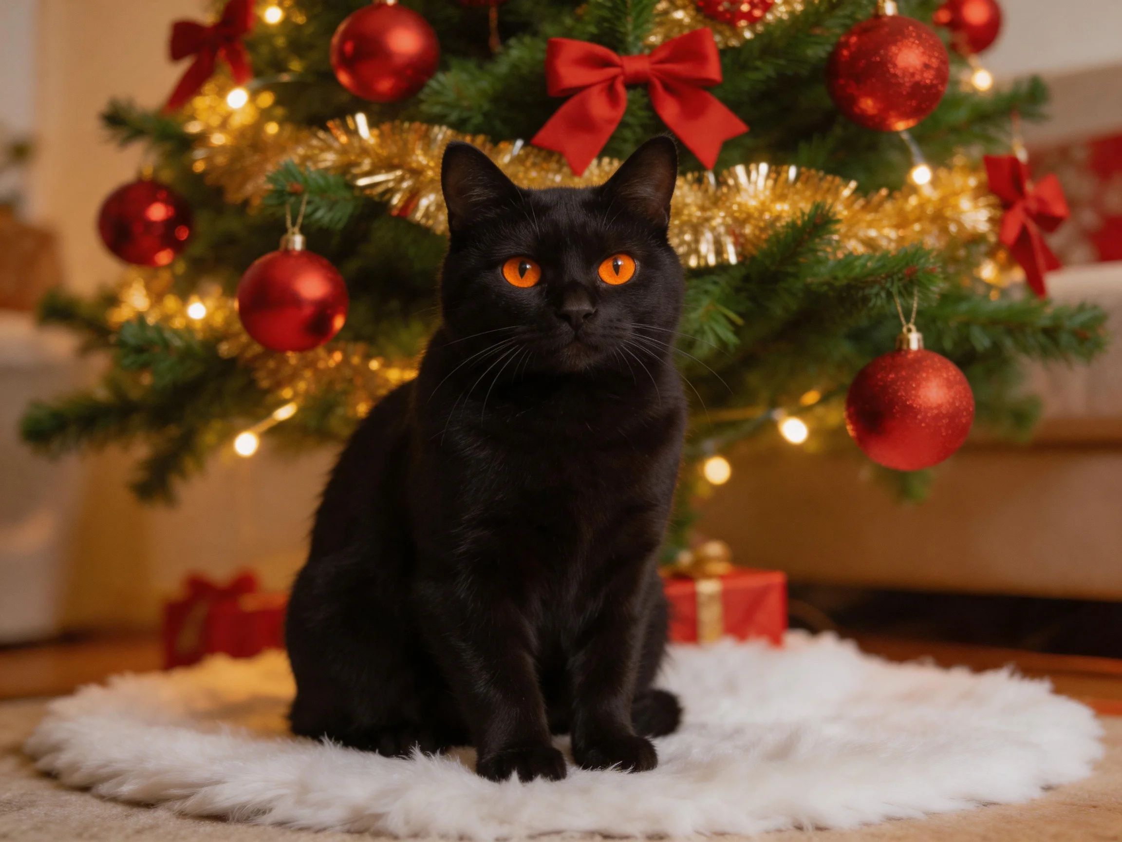A sleek black cat sits near a festively decorated Christmas tree with red ornaments
