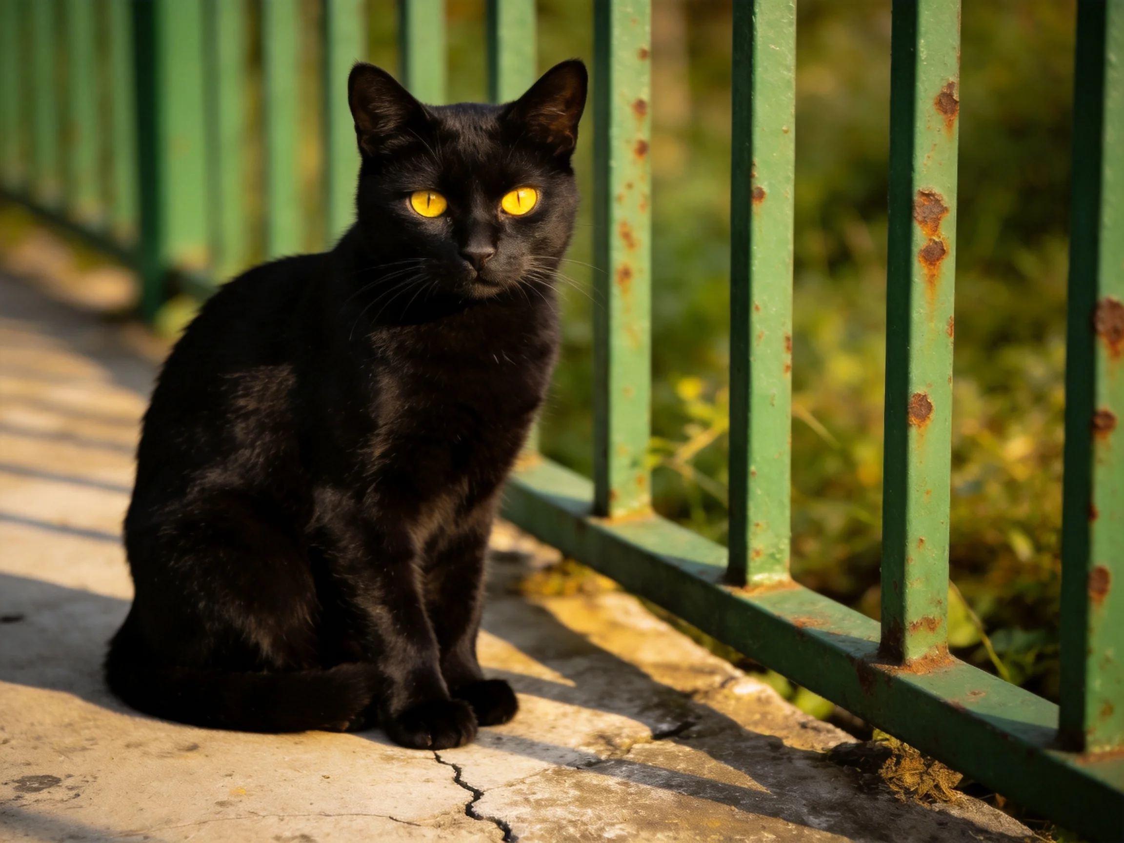 A sleek black cat rests beside an aged green metal fence.