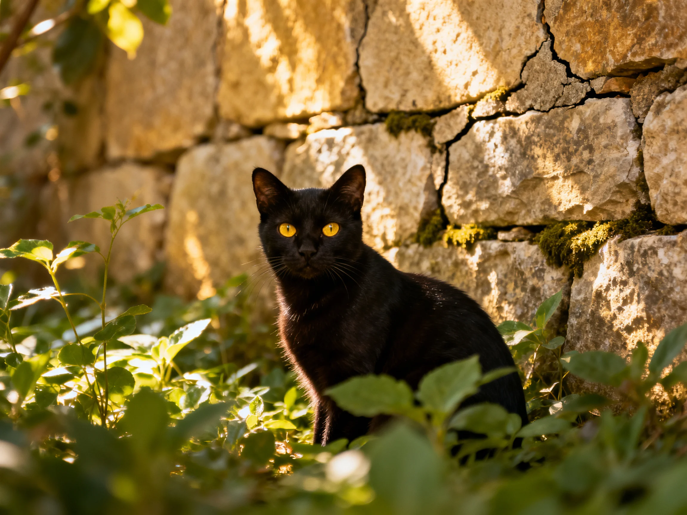 A black cat rests beside a weathered stone wall amid lush vegetation.