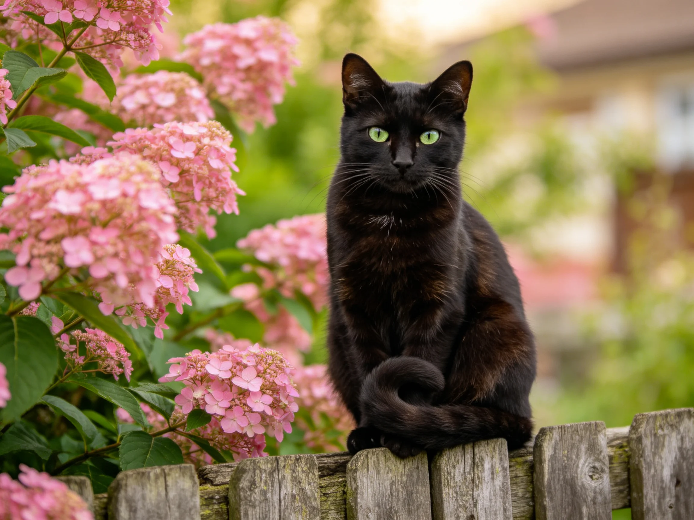 A sleek black cat sits near vibrant pink hydrangeas by a weathered fence