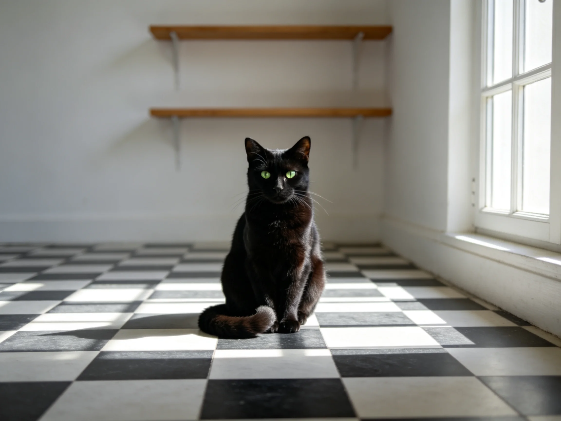A sleek black cat sits on a checkered tile floor near wooden shelves