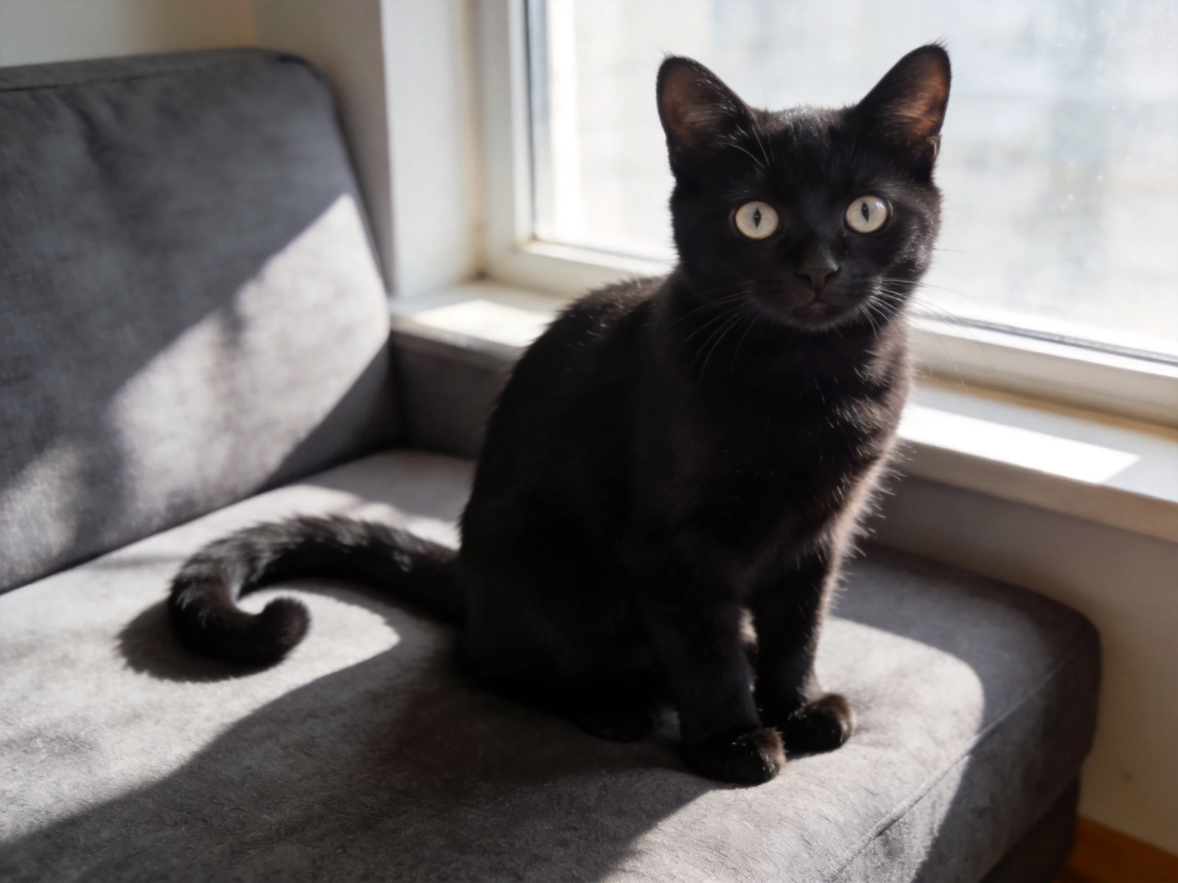A sleek black cat sits on a gray couch near a bright window