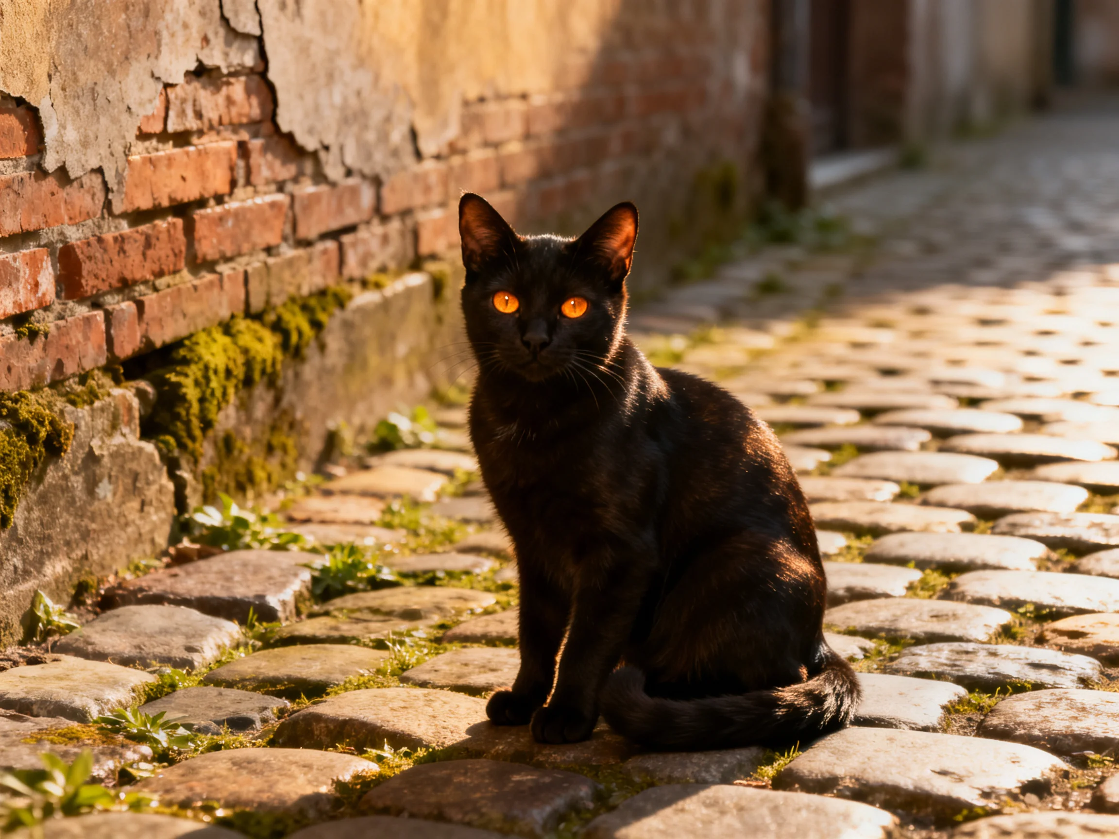 A sleek black cat sits on a mossy cobblestone path beside an aged brick wall