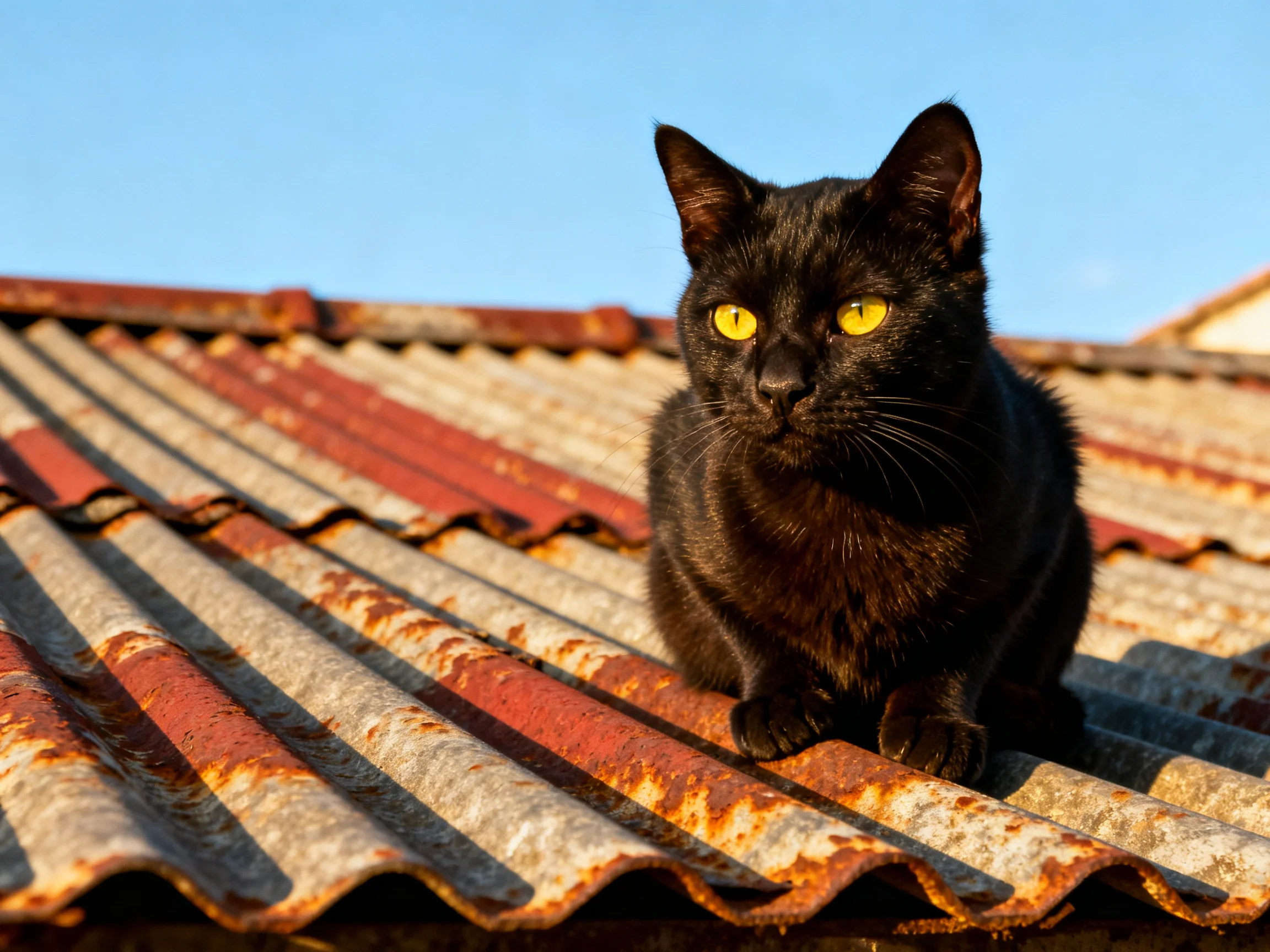 A sleek black cat sits on a rusted corrugated metal roof