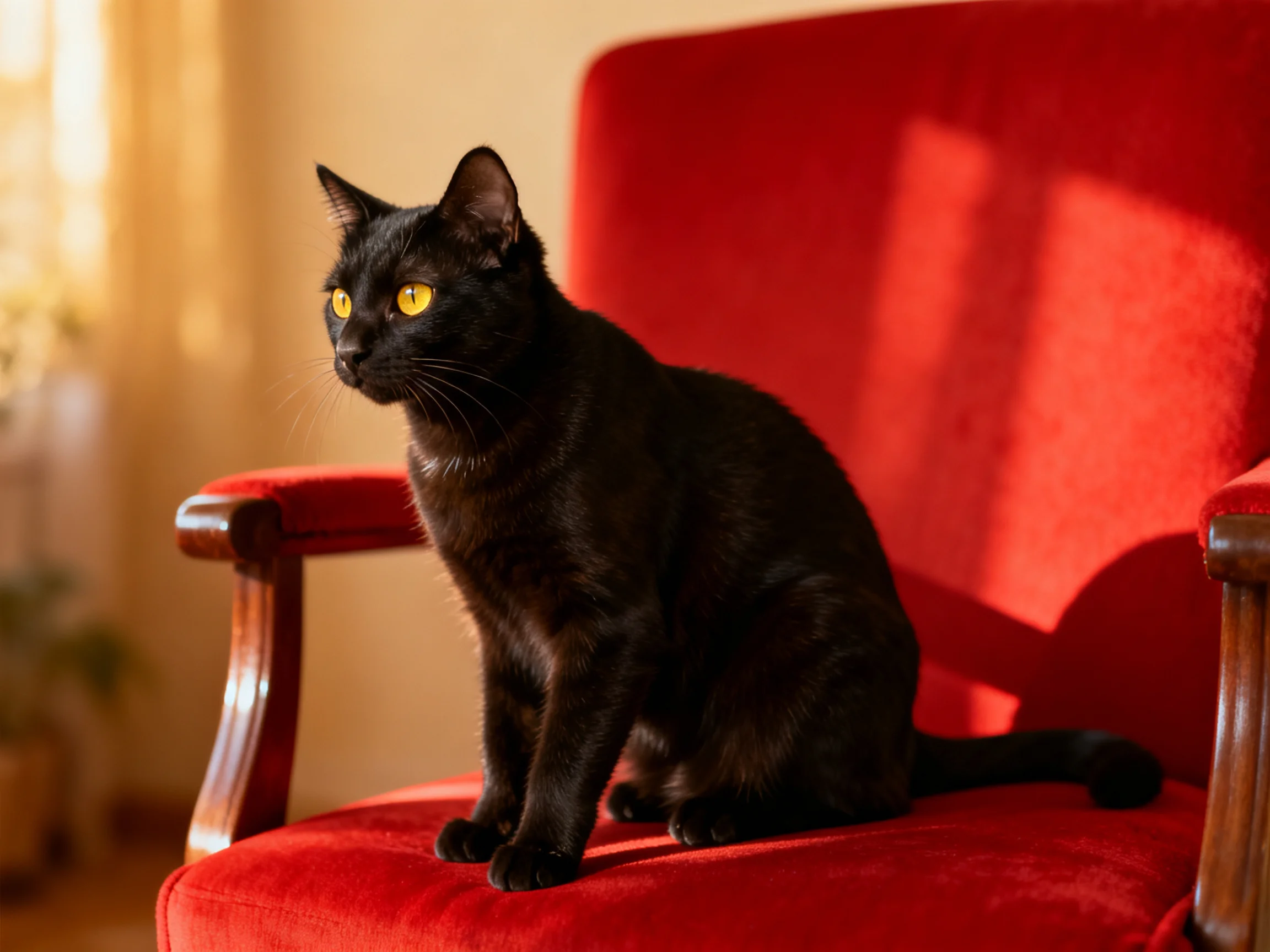 A black cat rests on a red armchair in a warmly lit space.