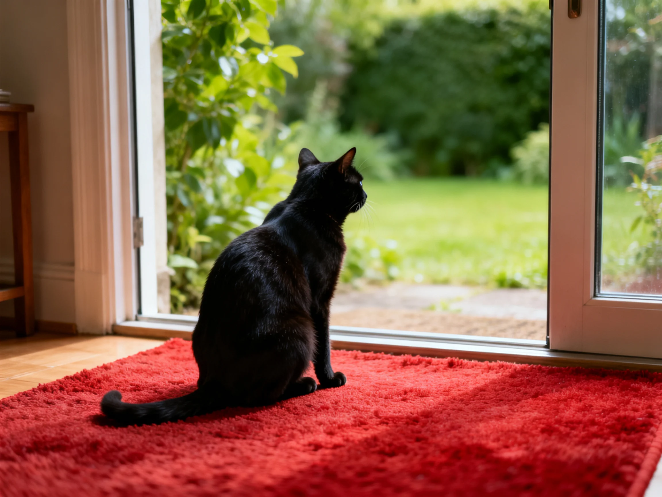 A black cat rests on a red rug beside an open glass door with a garden view.