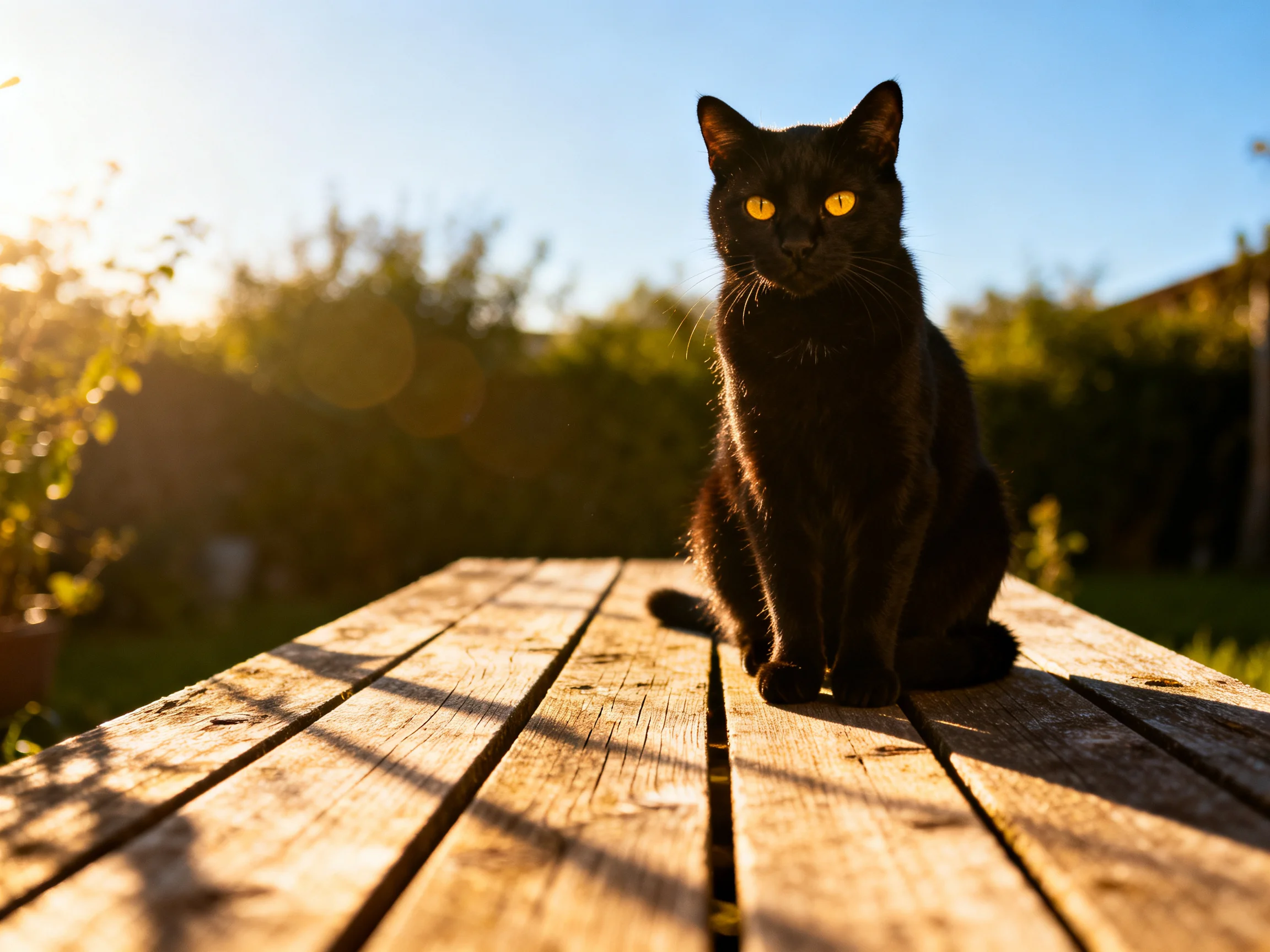 A black cat sits on a wooden table in a sunlit outdoor setting.