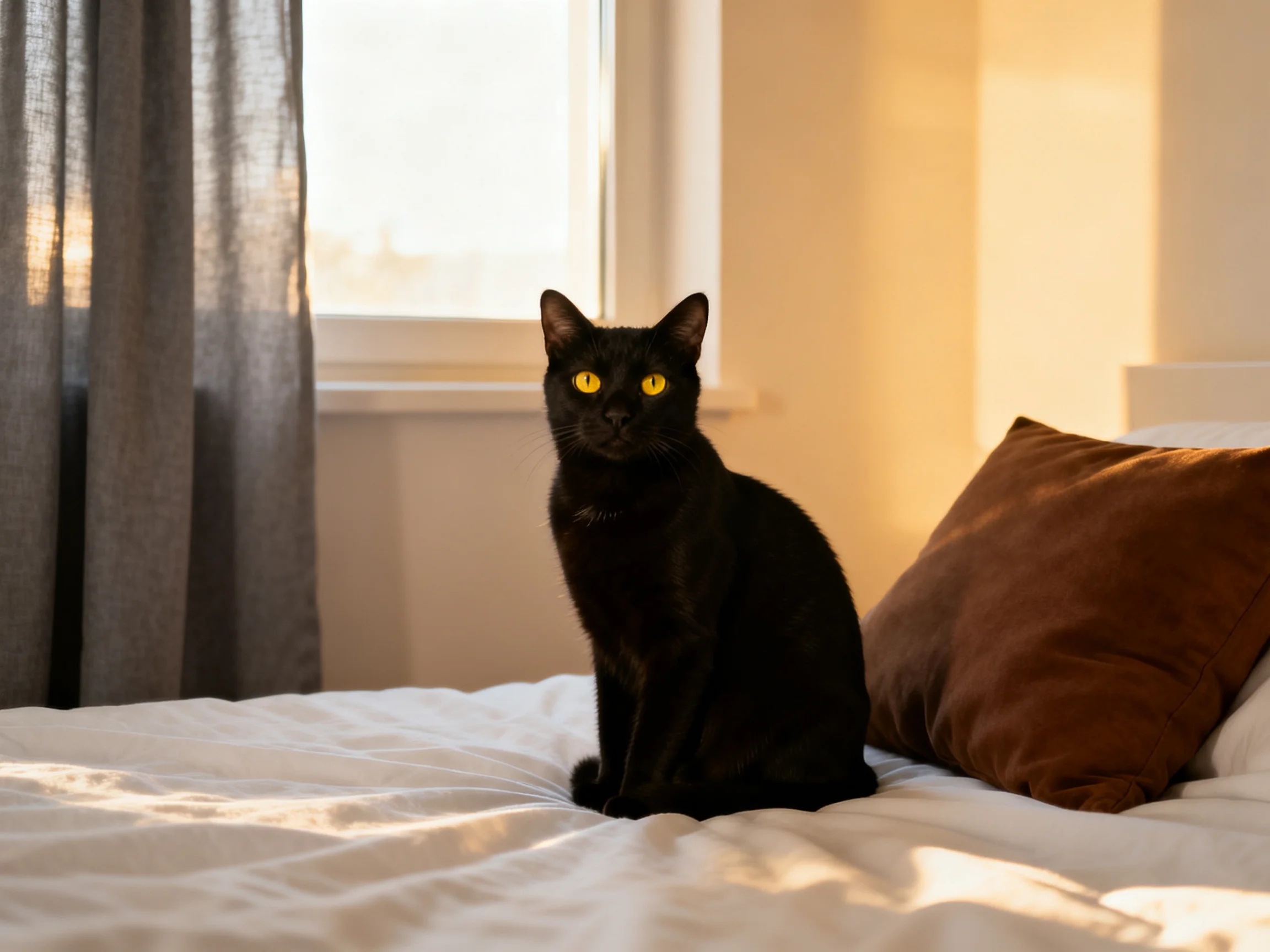 A sleek black cat sits on a white bed beside brown pillows