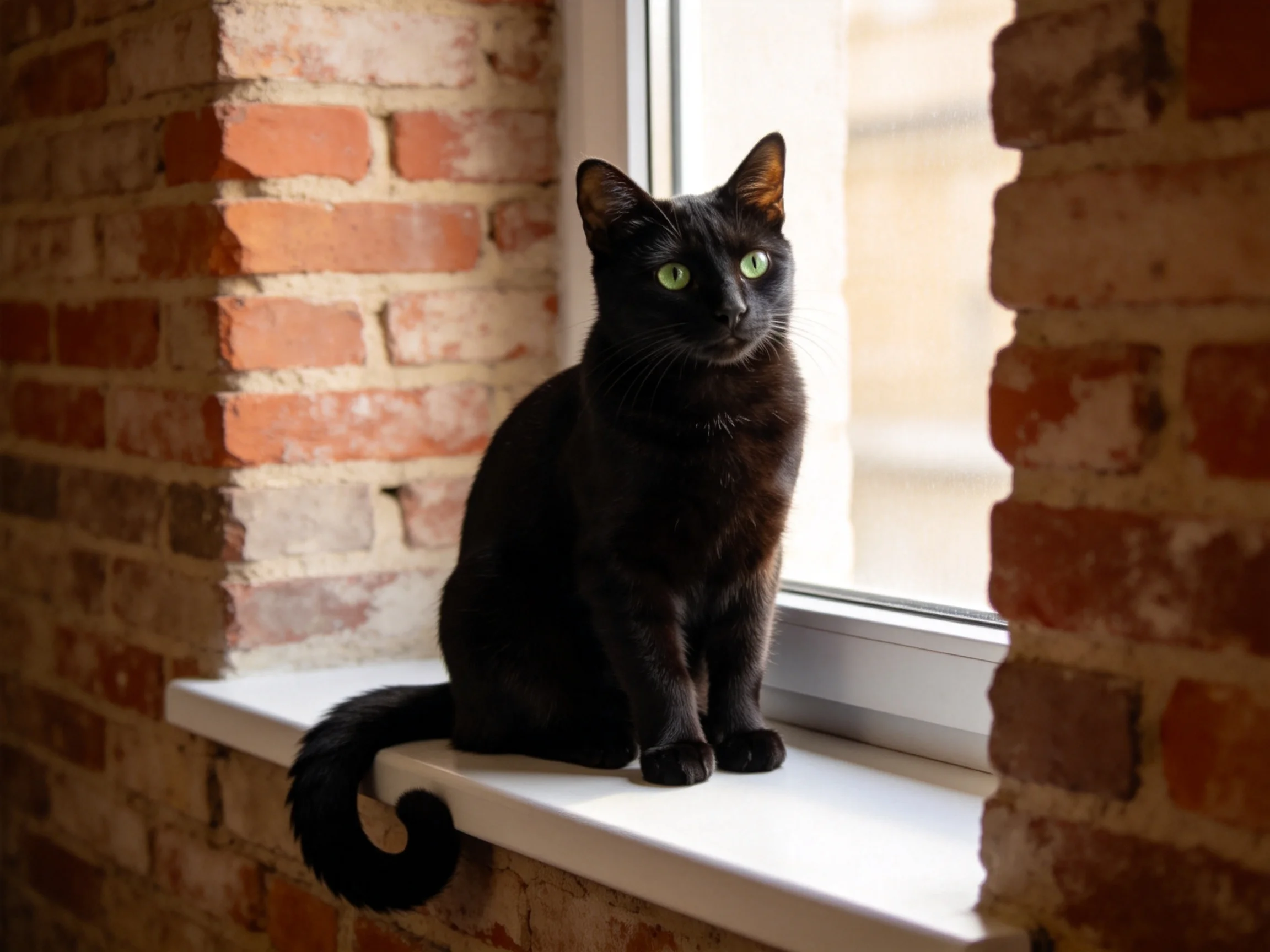 A sleek black cat sits on a white windowsill beside exposed brick walls