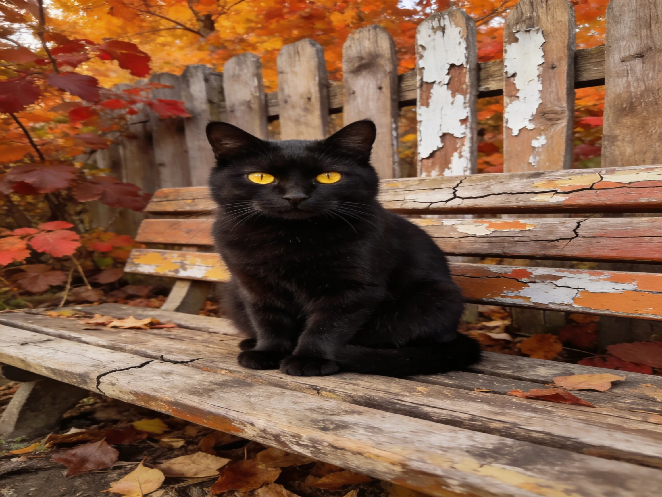 A black cat rests on a worn wooden bench amidst autumn leaves and a wooden fence.