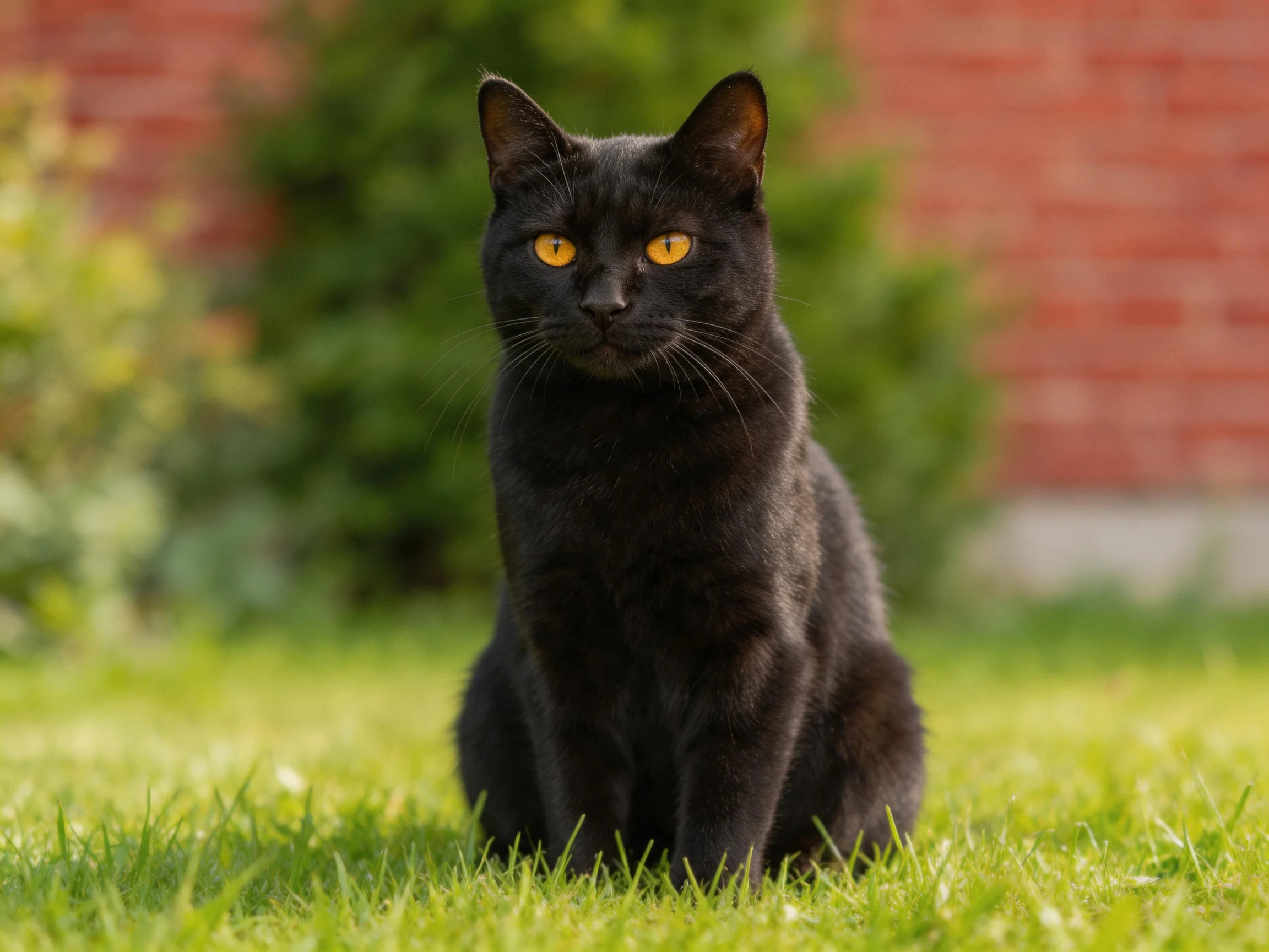 A black cat sits calmly on green grass with a red brick wall in the background.