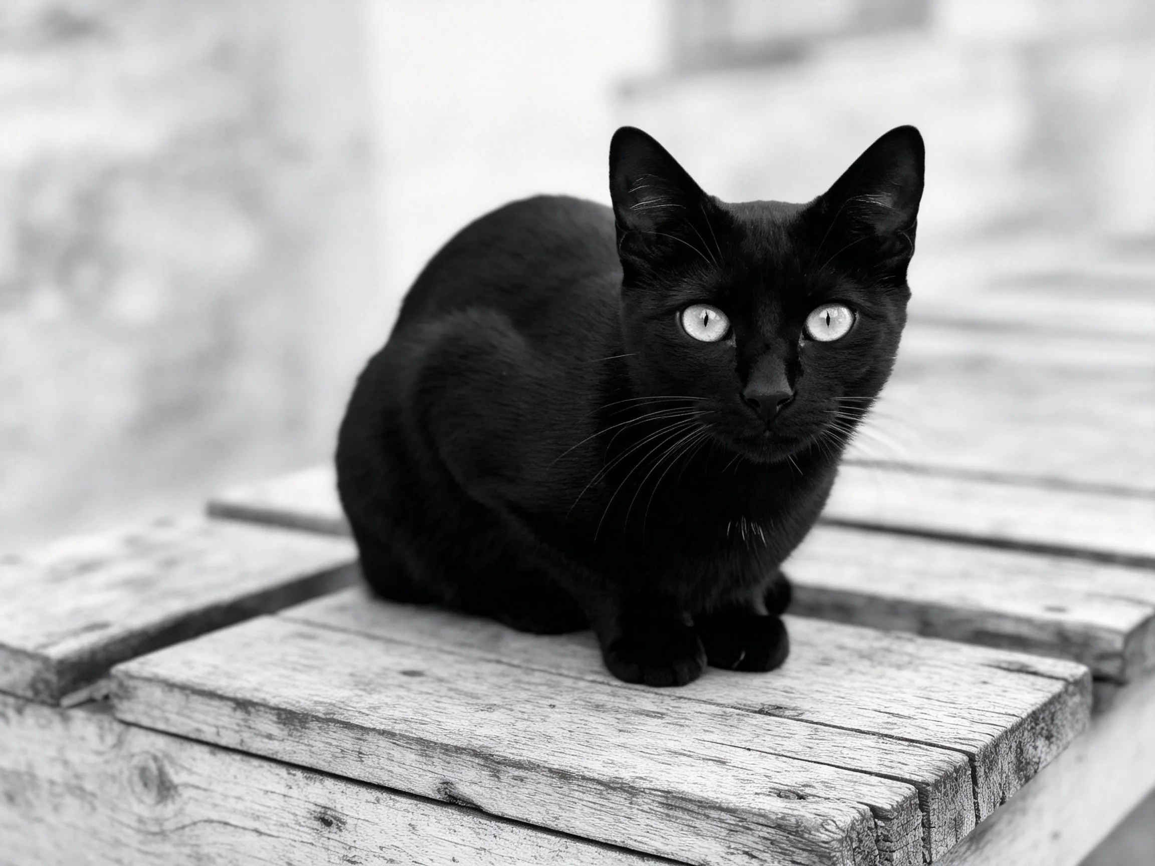 A black cat sits on weathered wooden planks.