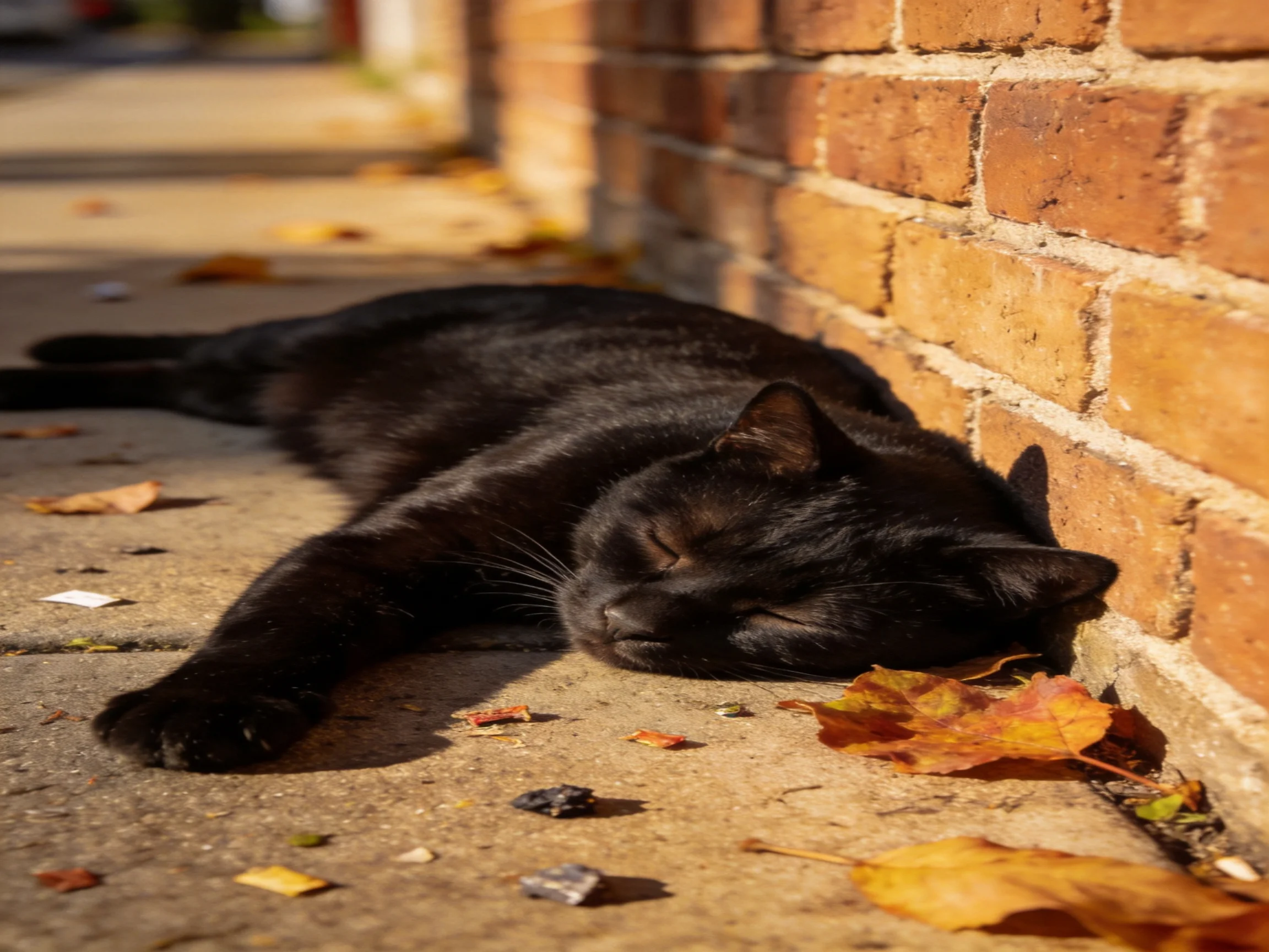 A sleek black cat sleeps next to a weathered brick wall with fallen autumn leaves