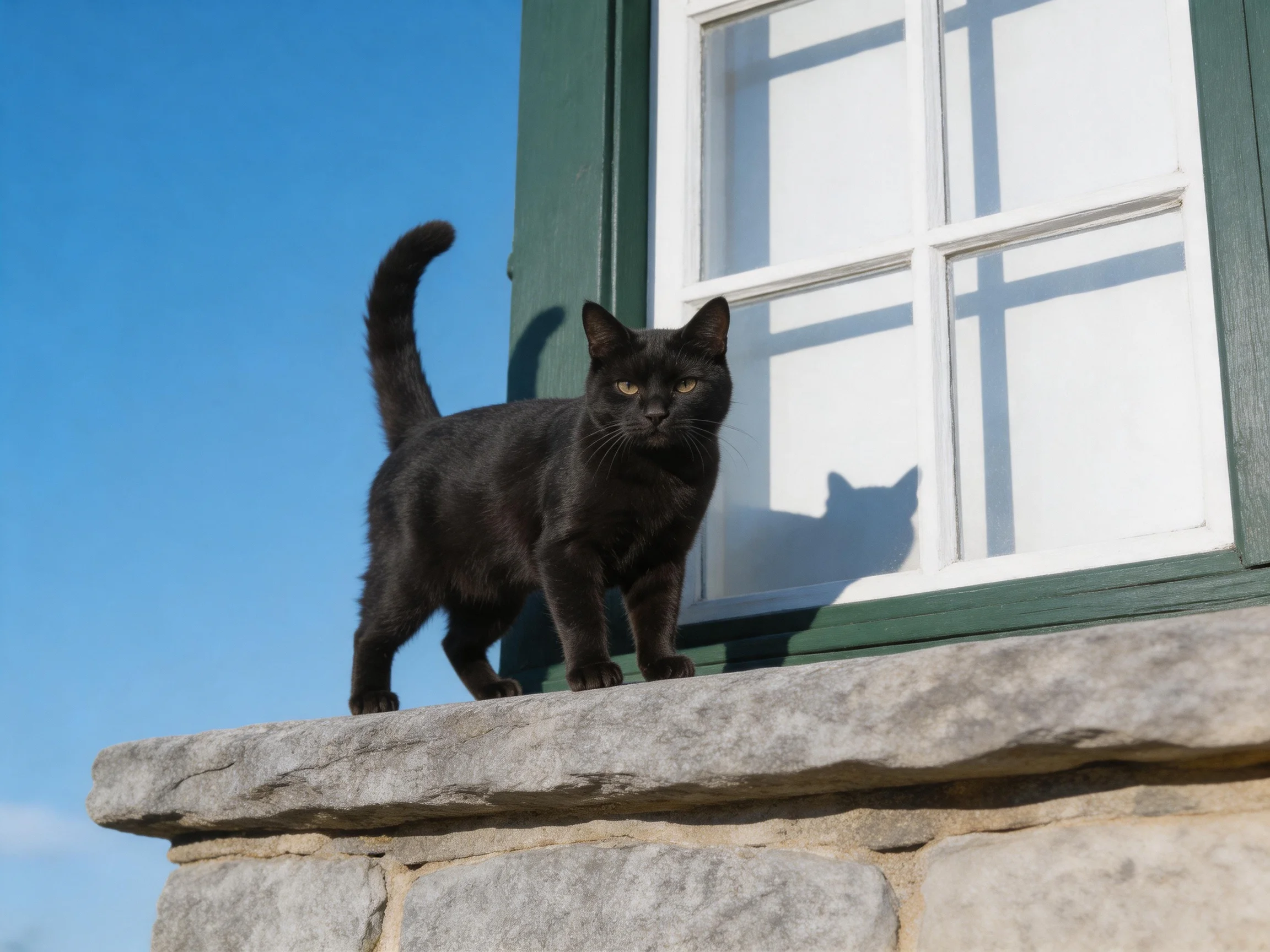 A black cat stands on a stone ledge next to a white-framed window.