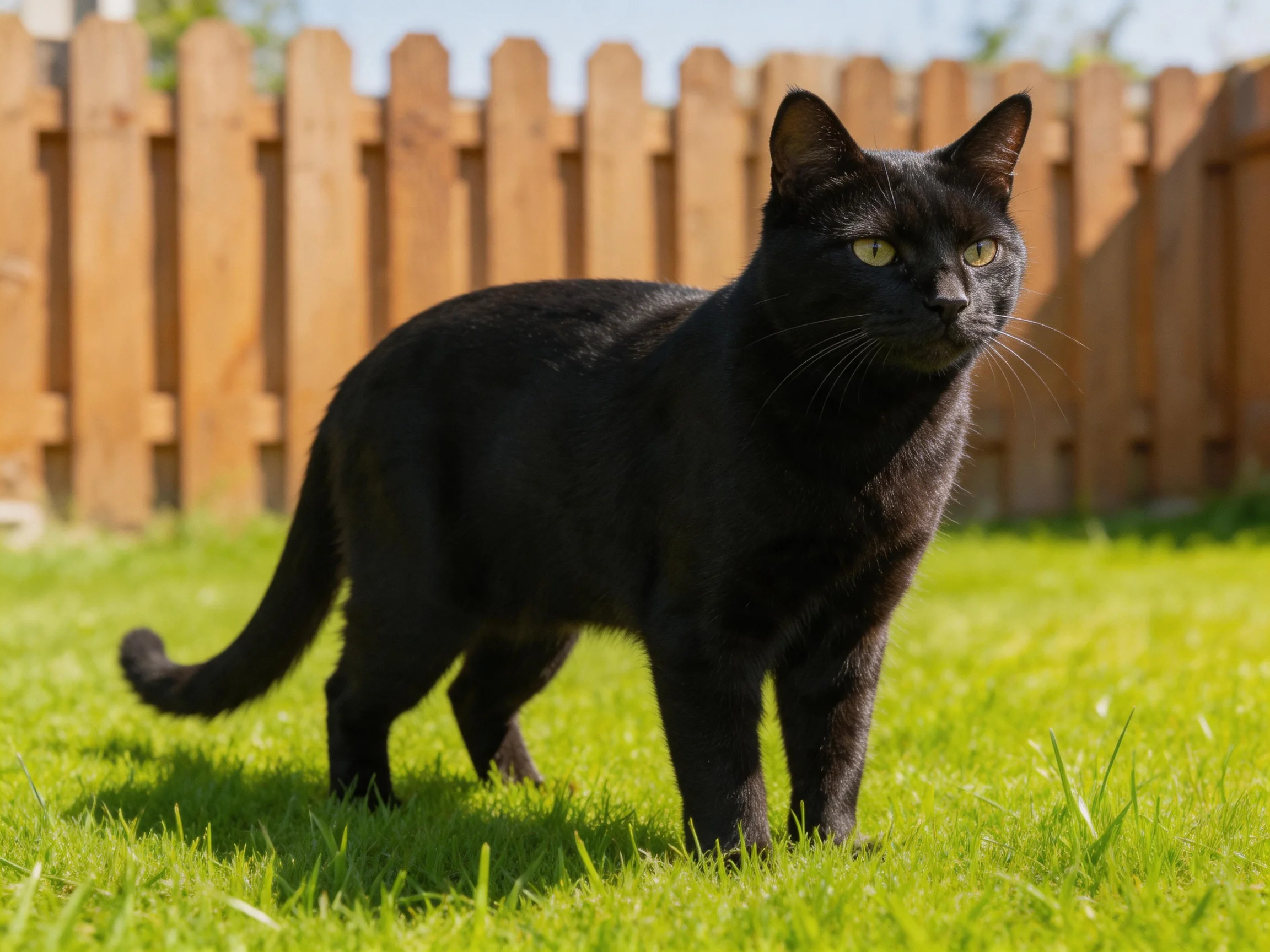 A black cat stands on green grass next to a wooden fence.