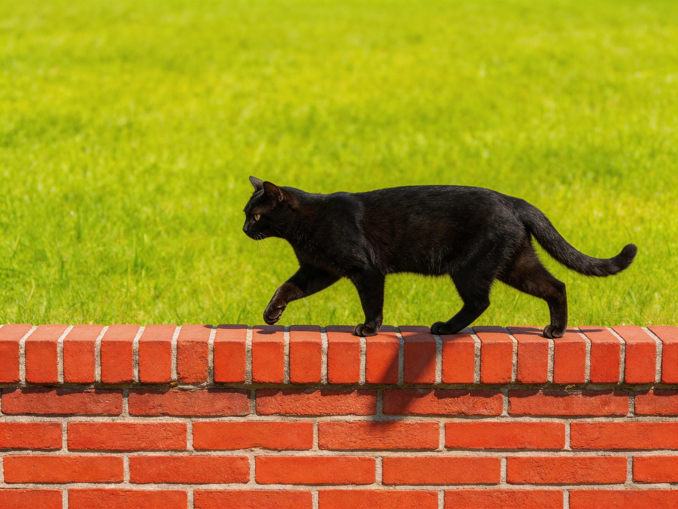 A sleek black cat walking along a red brick wall with lush green grass