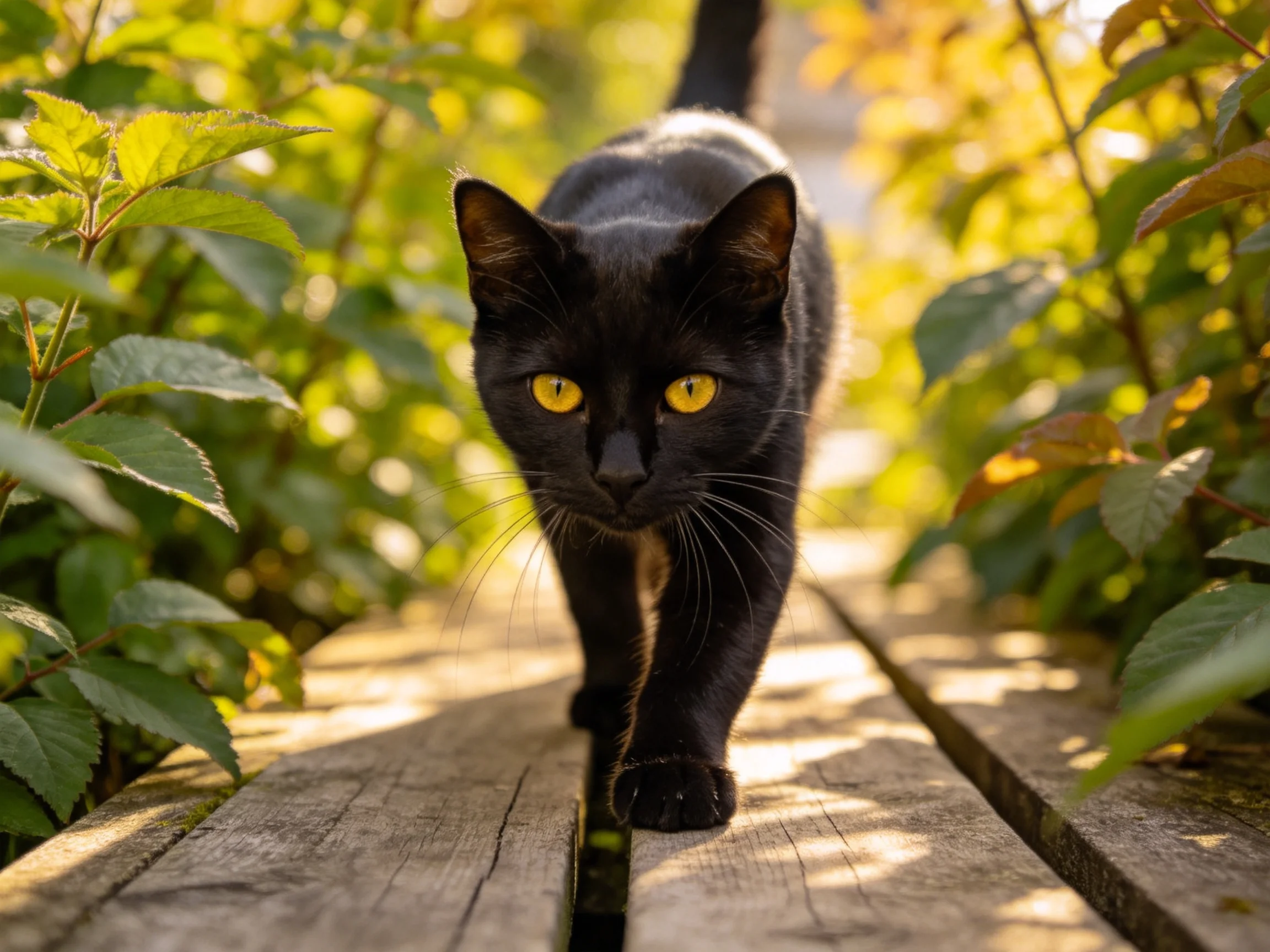 A black cat with yellow eyes walks on a wooden path in a sunlit garden.