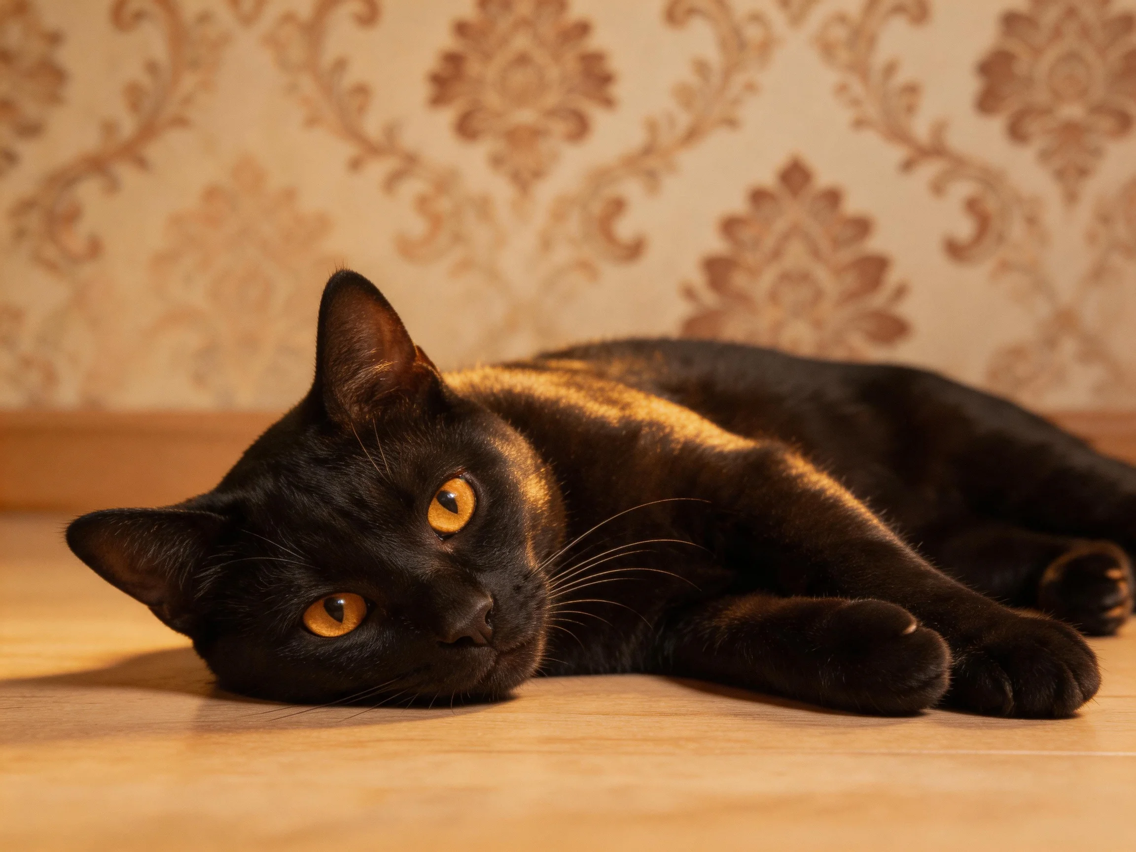A sleek black cat with amber eyes lounges on a wooden floor near ornate wallpaper
