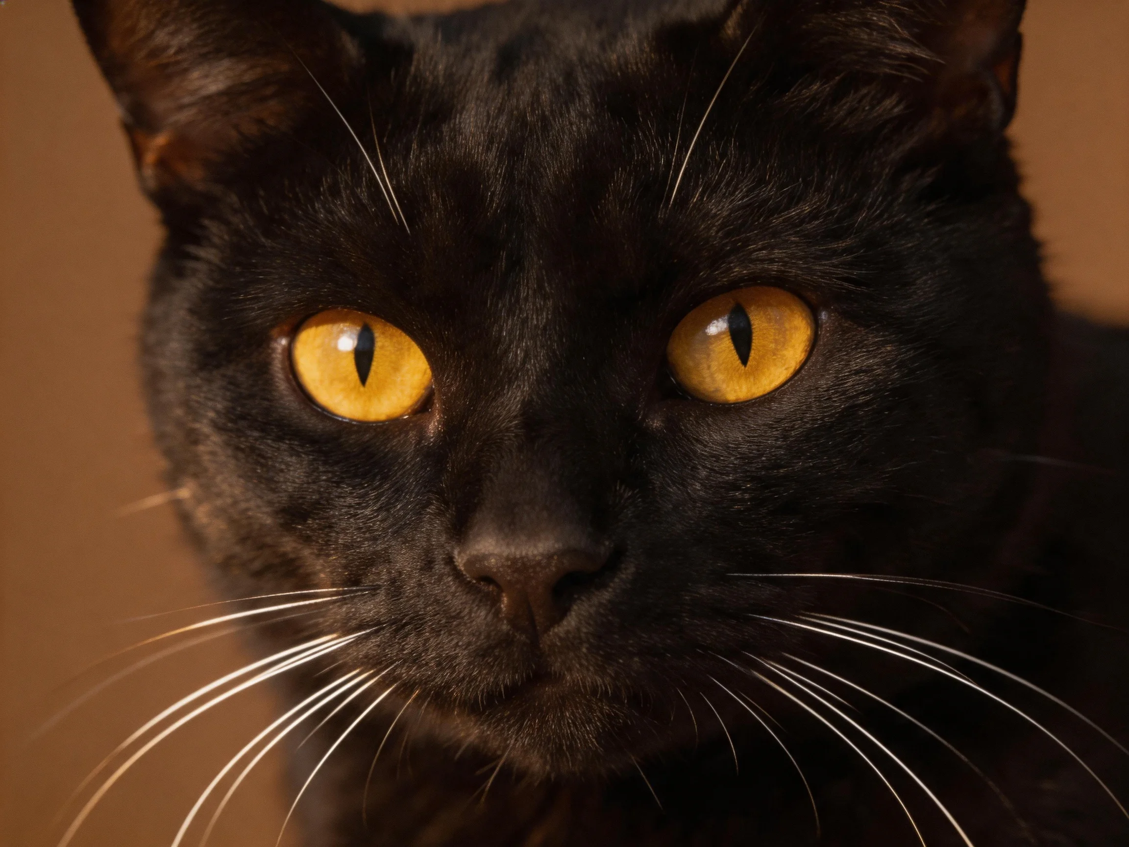 A close - up of a sleek black cat with striking amber eyes.