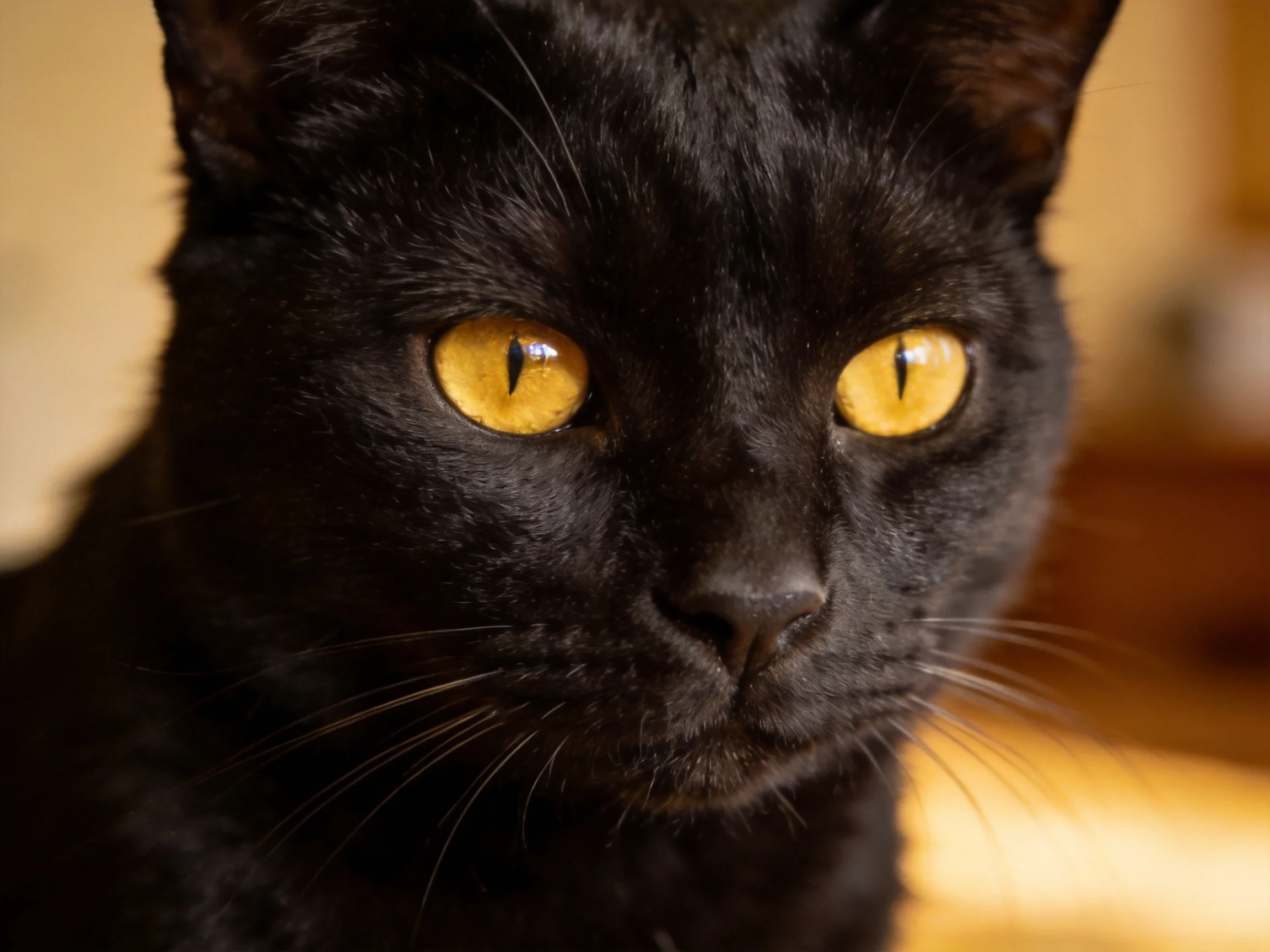 A sleek black cat with bright amber eyes rests in a warmly lit environment.