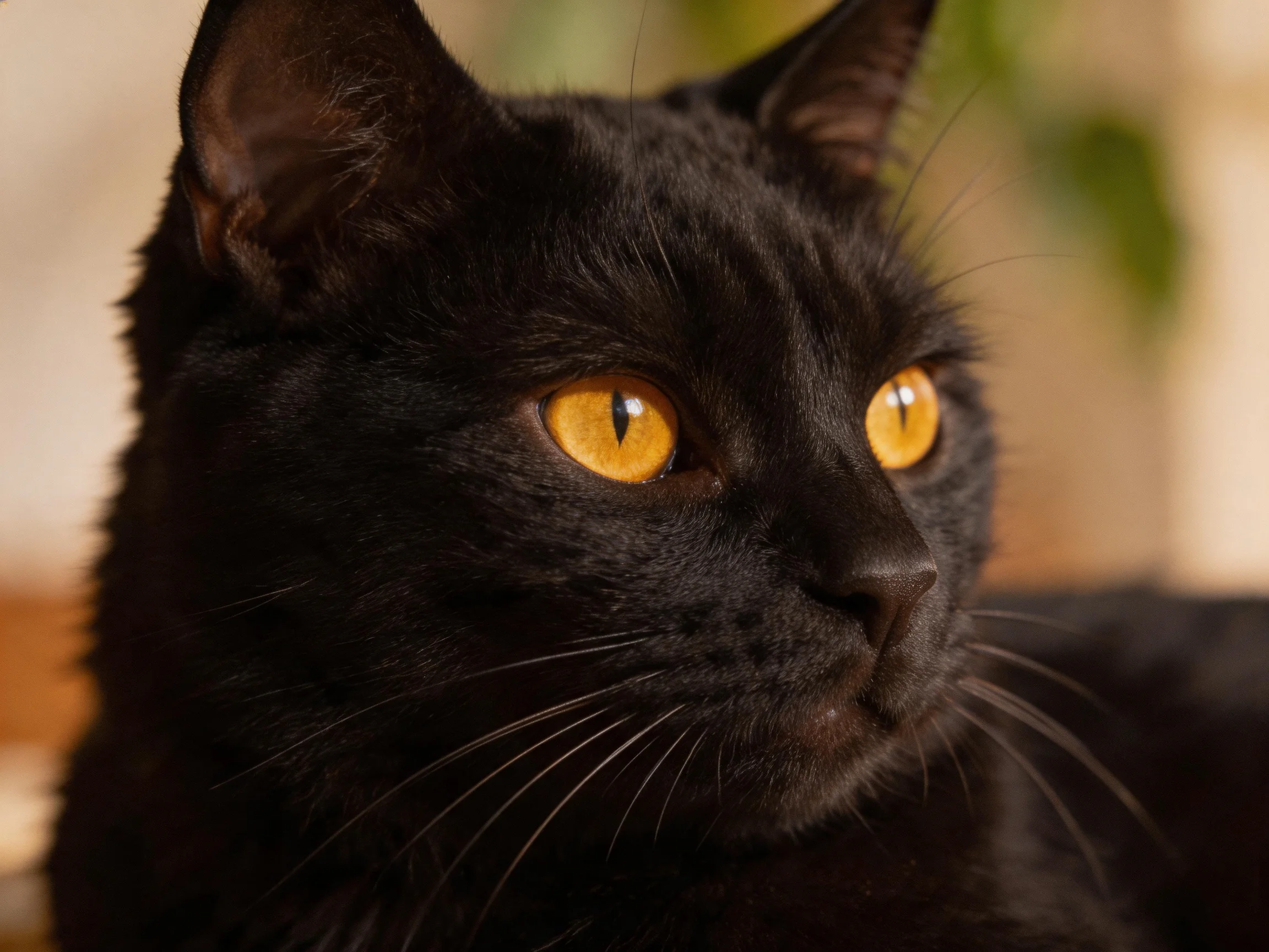 A close - up of a sleek black cat with vivid amber eyes indoors.