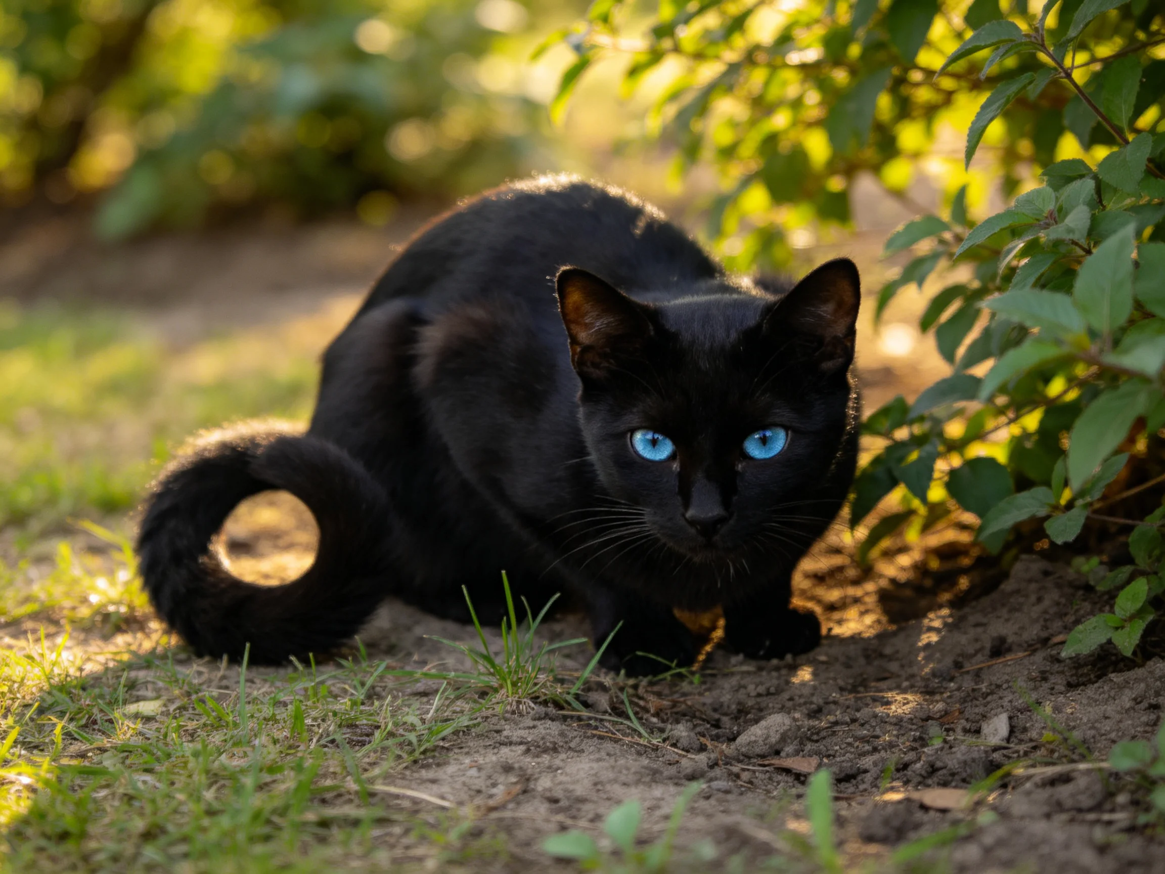 A black cat with bright blue eyes rests in a sunlit garden area.