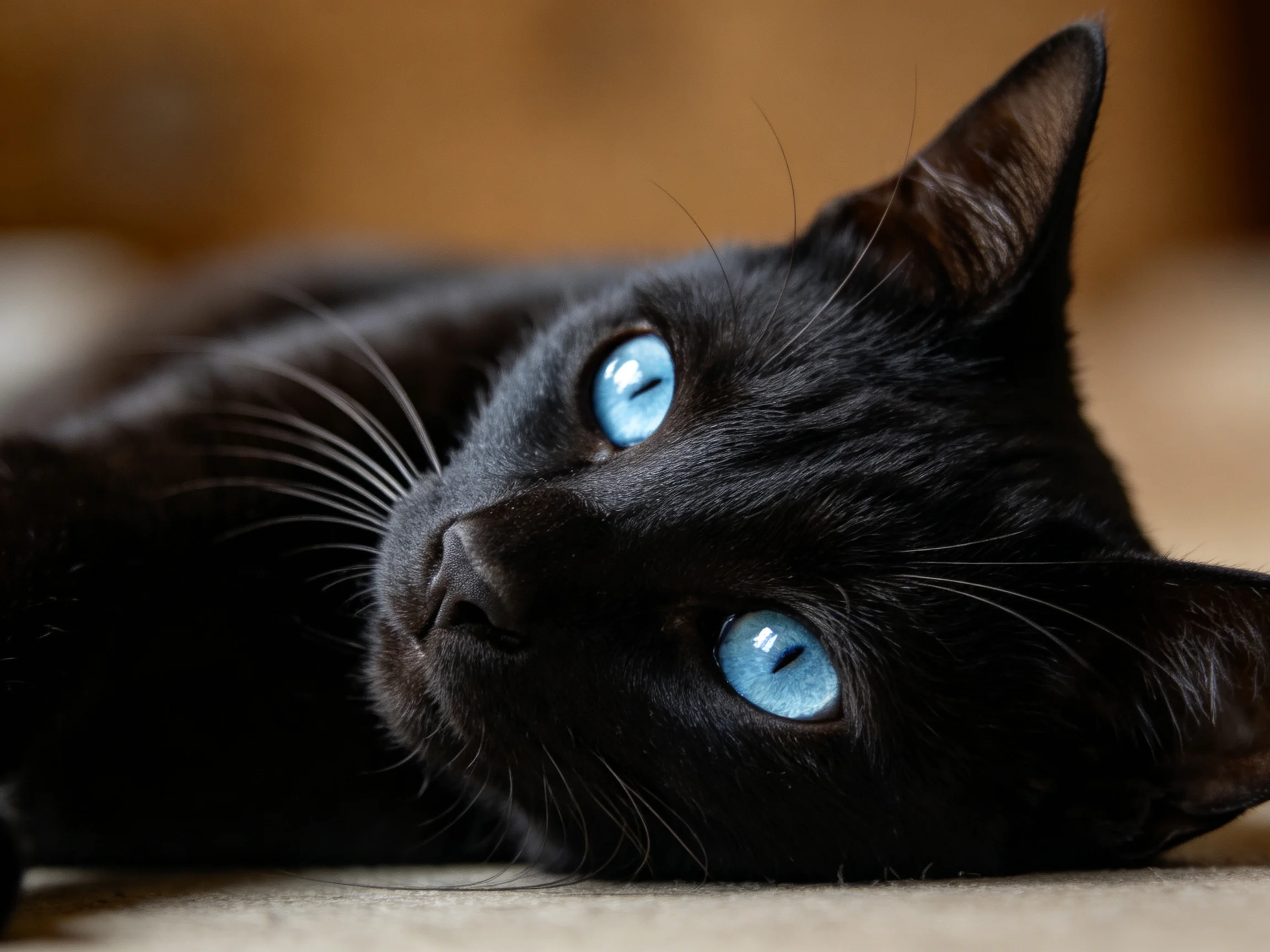 A black cat with bright blue eyes rests on a carpet.