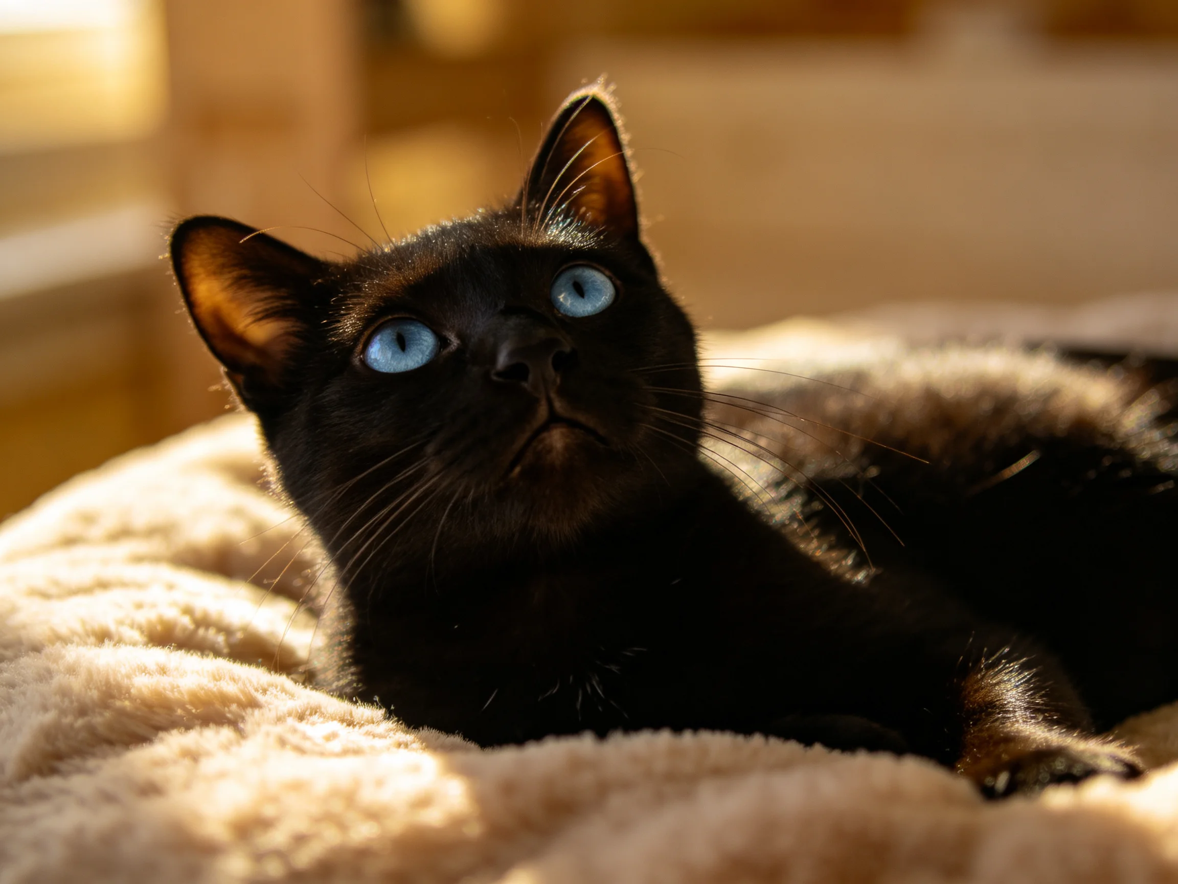 A black cat with blue eyes relaxes on a plush bed in a sunlit area