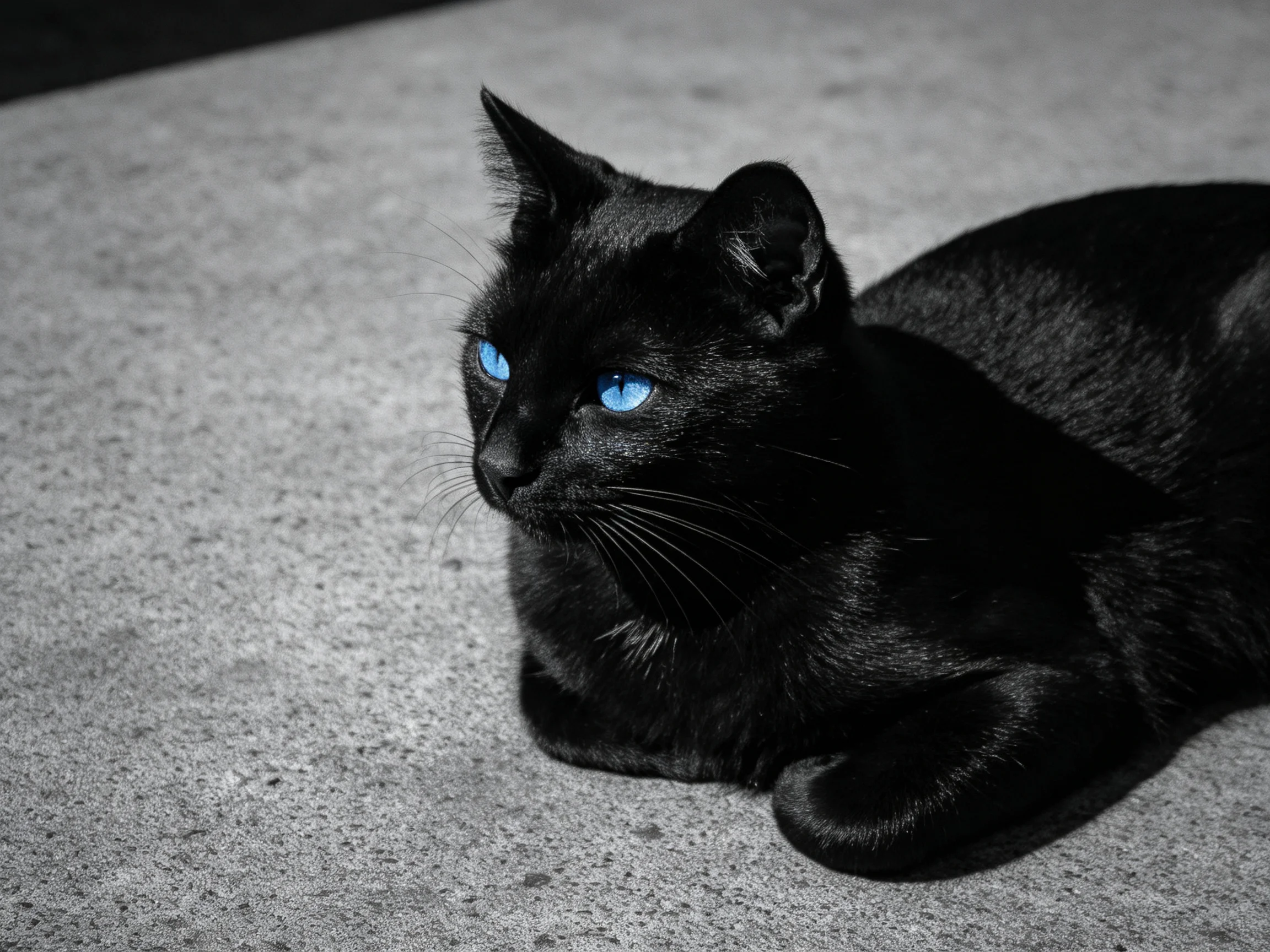 A black cat with striking blue eyes lies on a gray surface.