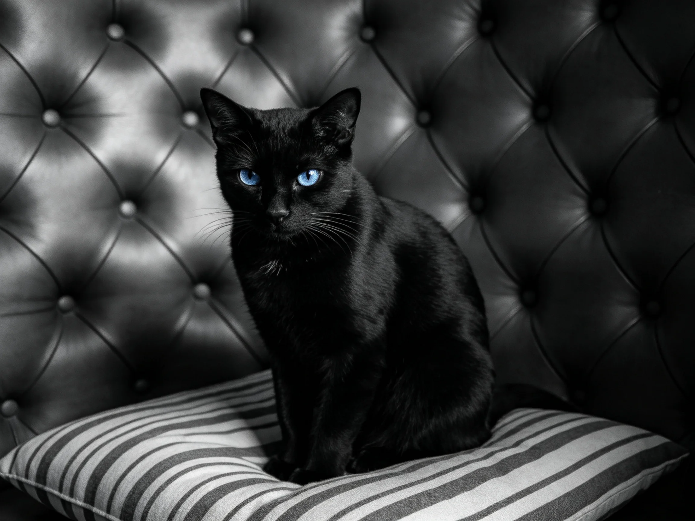 A black cat with blue eyes sits on a striped pillow near tufted leather.
