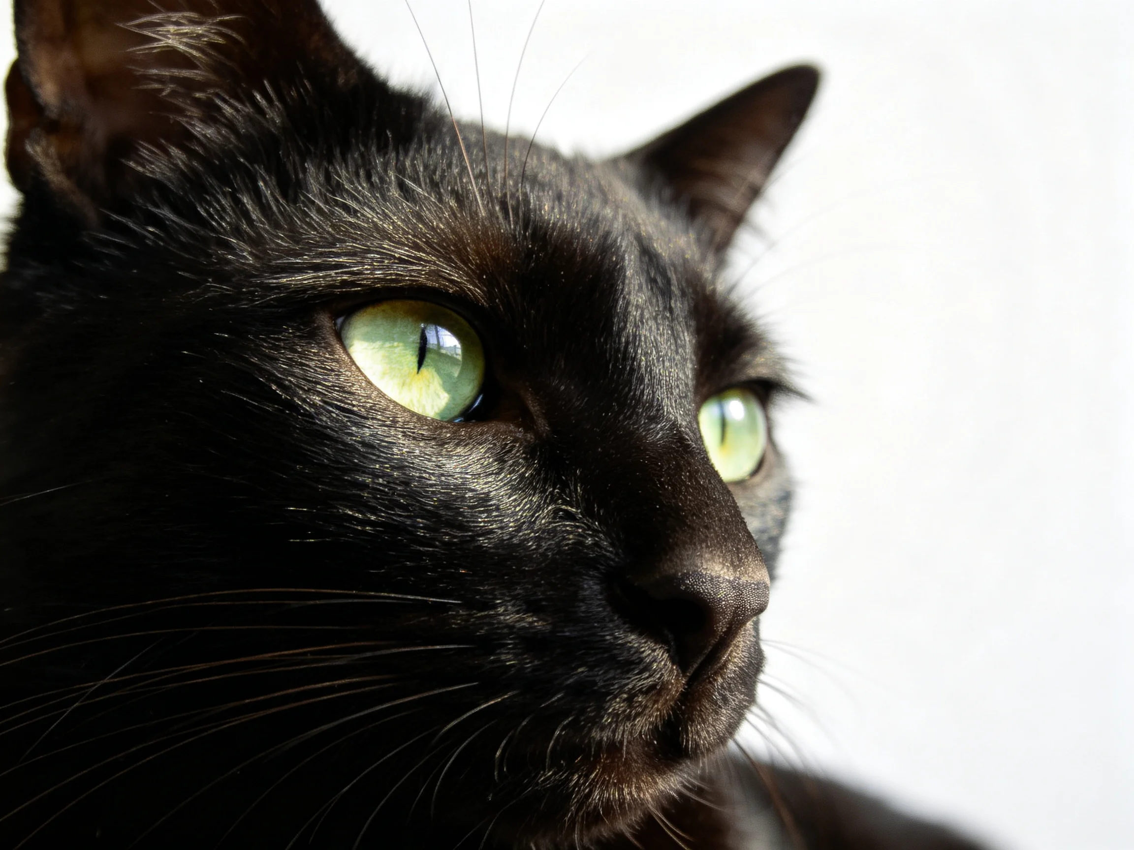 A black cat with green eyes is photographed closely against a white background.