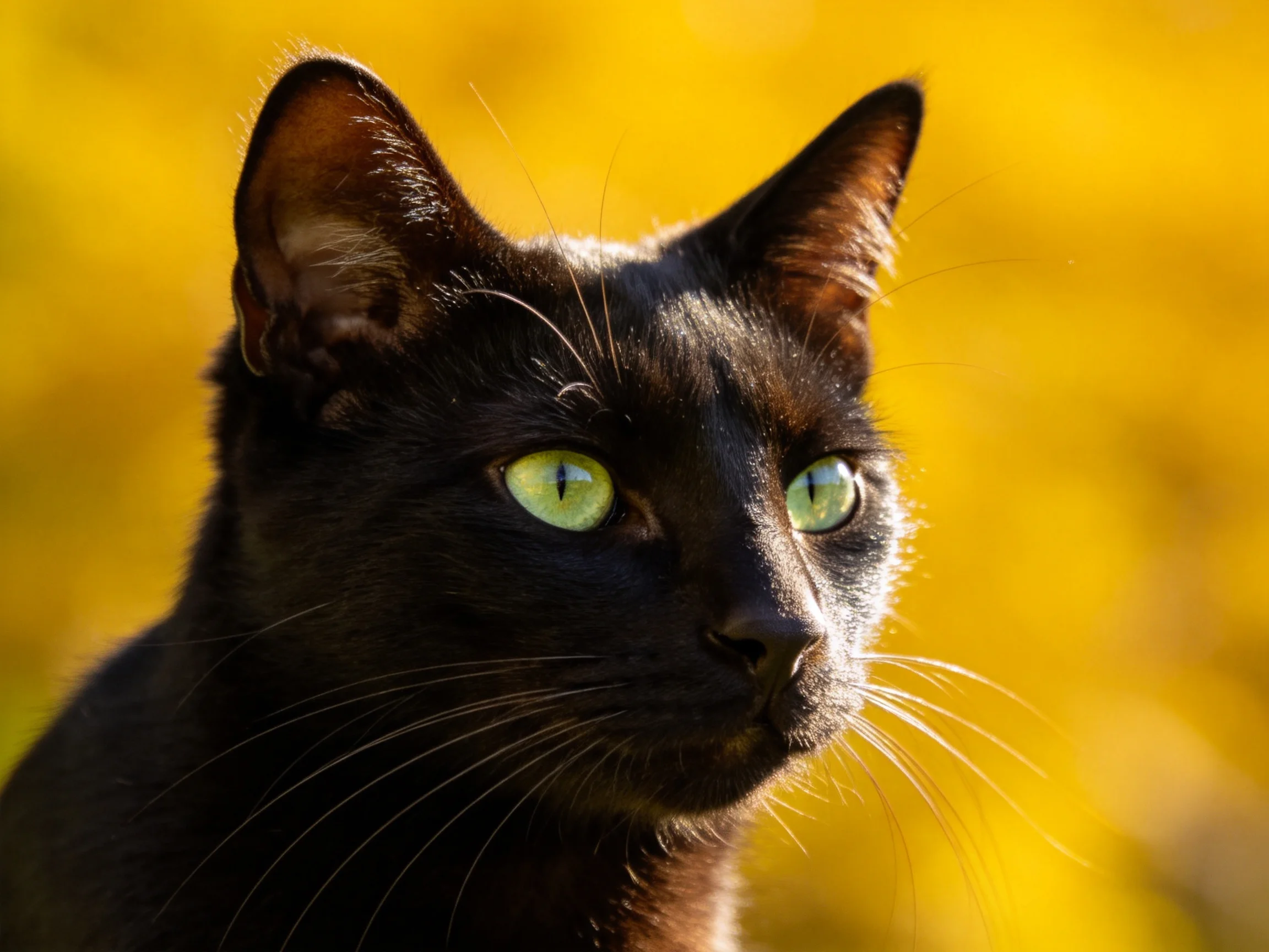 A sleek black cat with bright green eyes contrasts with golden foliage.