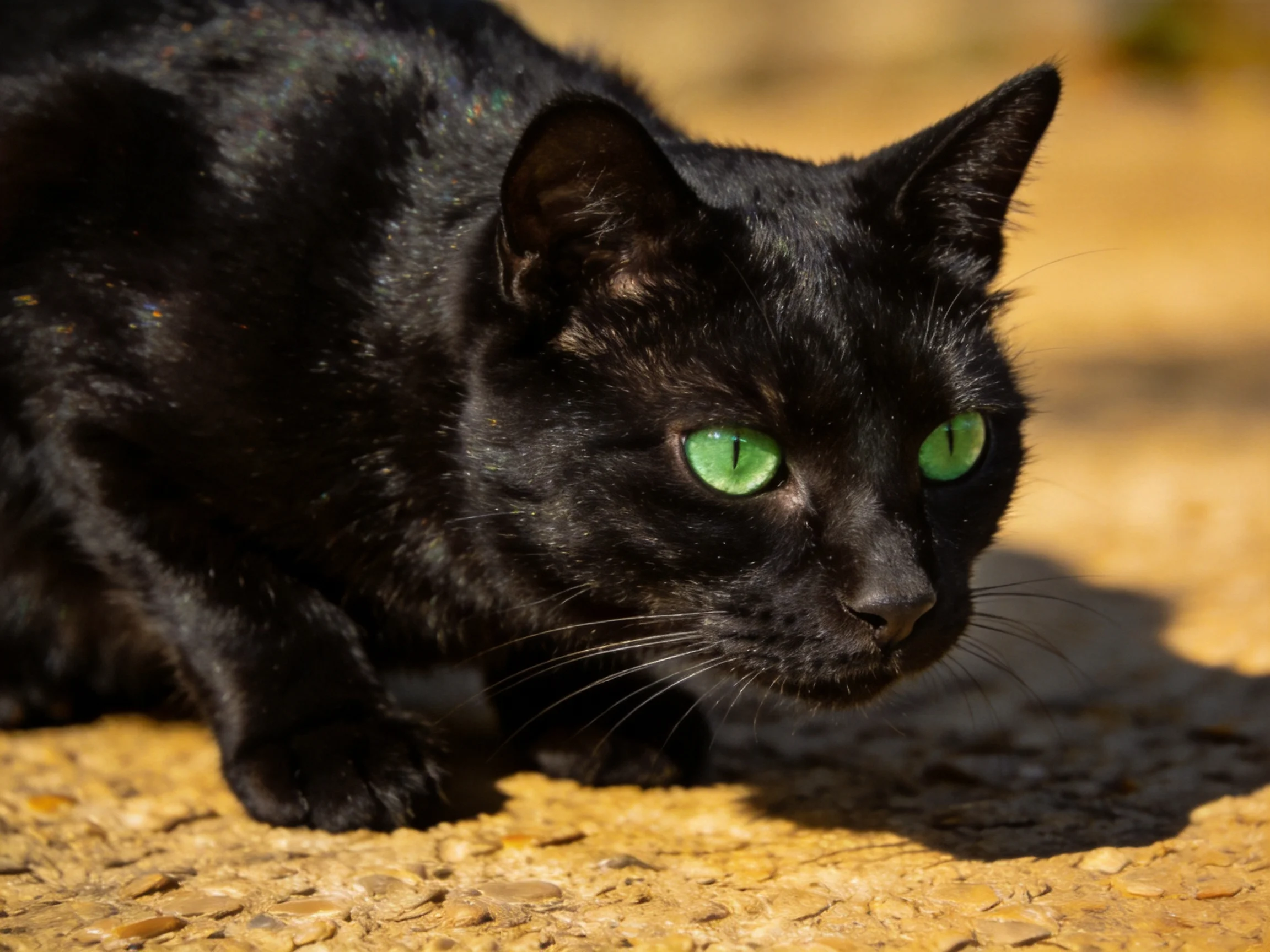 A black cat with green eyes crouches on gravel outdoors.