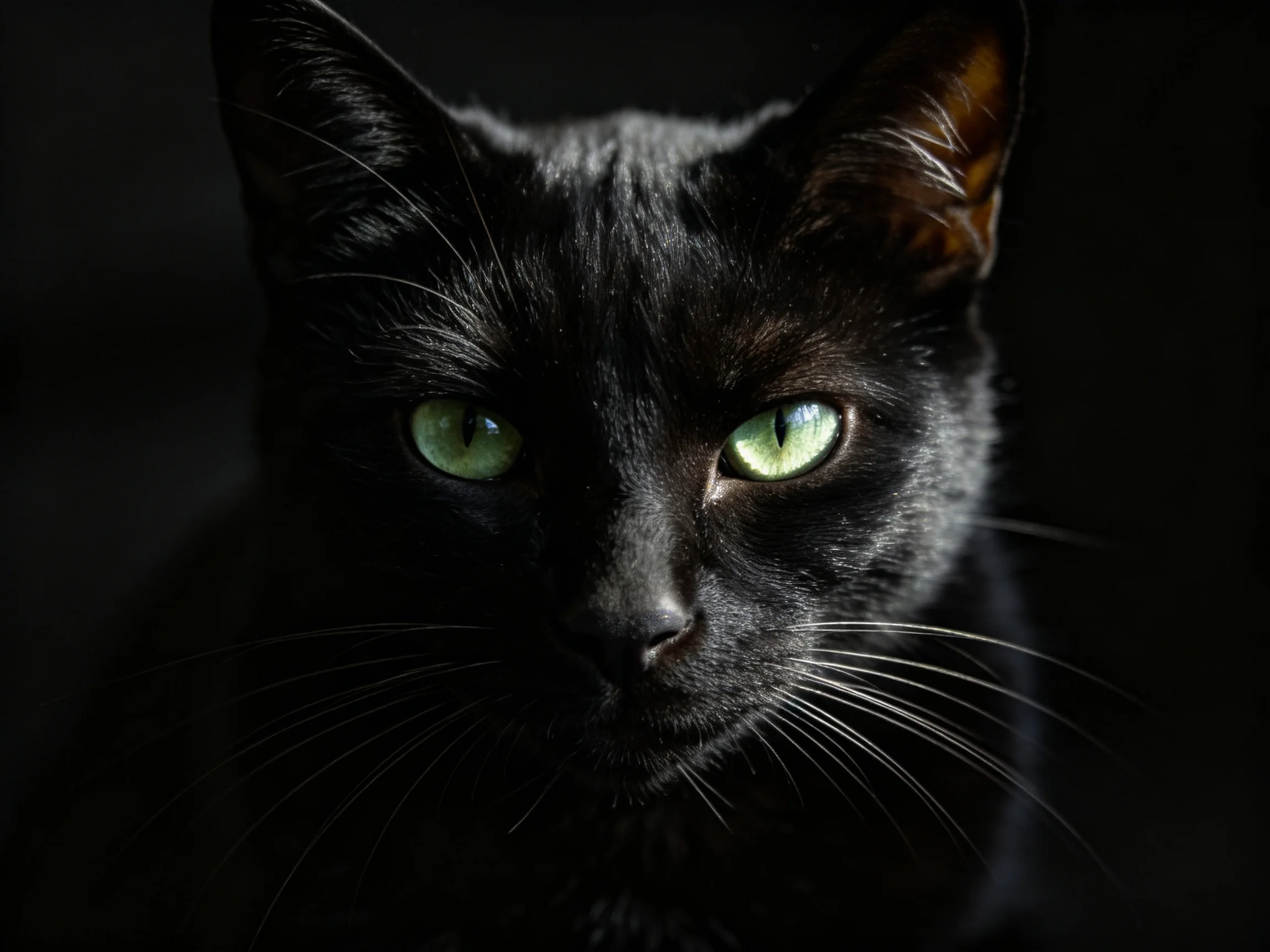 A sleek black cat with bright green eyes is dramatically lit against a dark background.