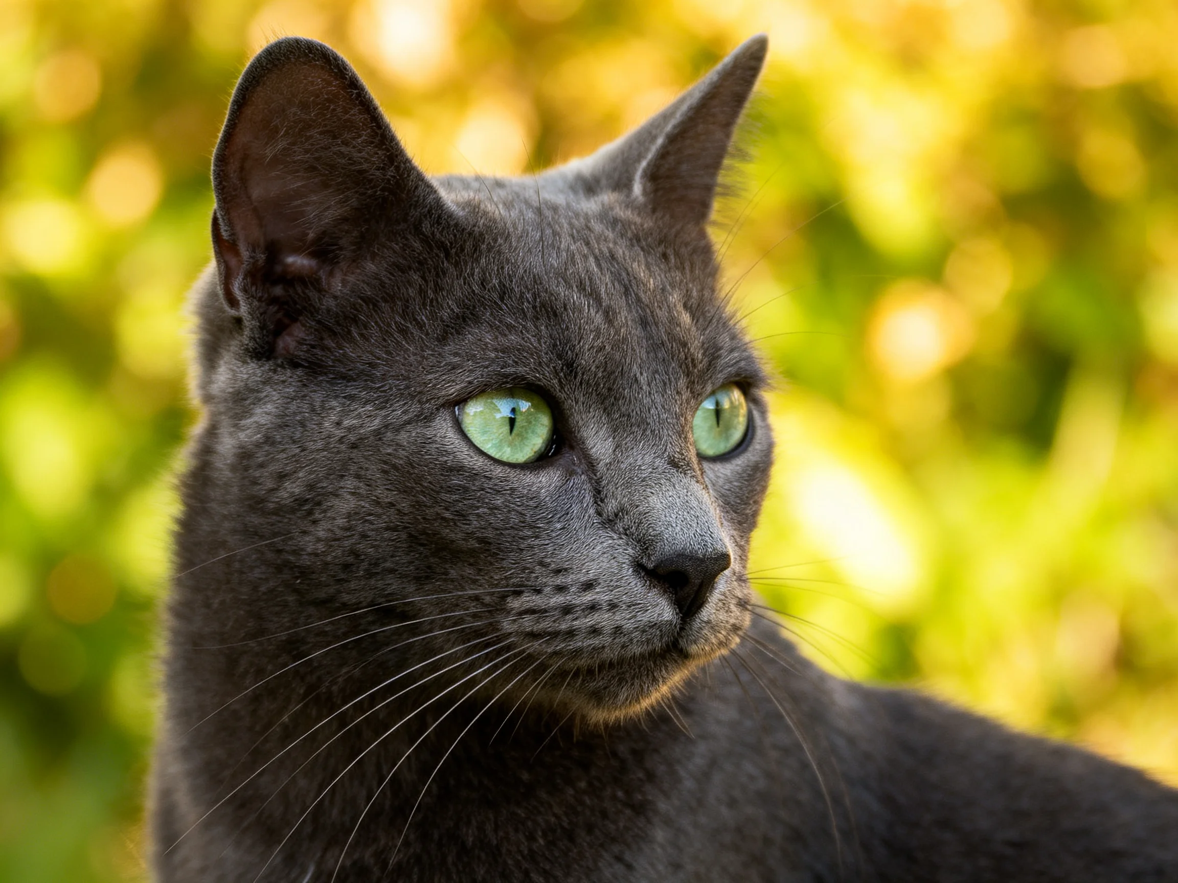 A sleek black cat with vibrant green eyes observes a sunlit, blurred natural landscape.