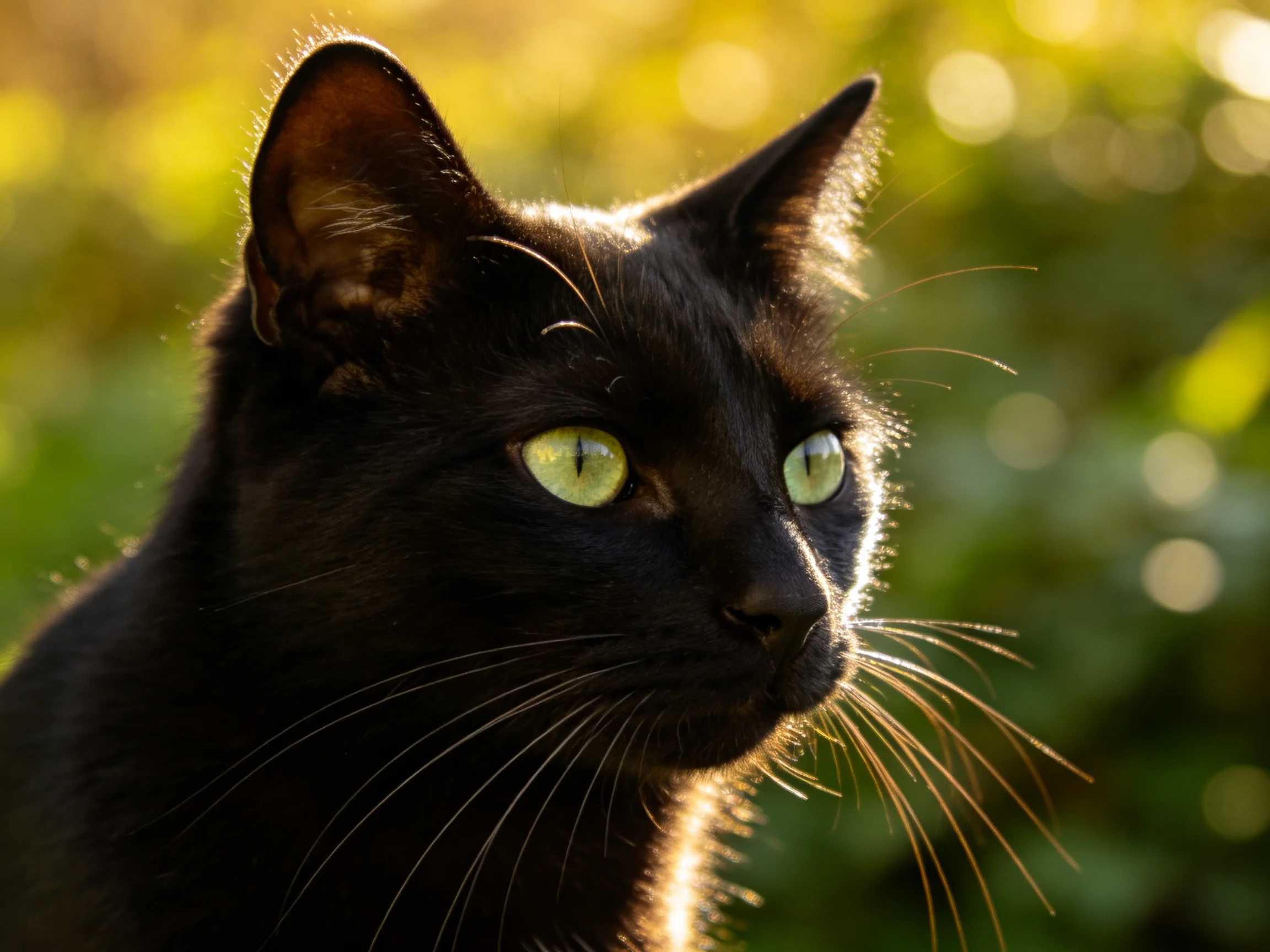 A black cat with green eyes stands out against a softly blurred, sunlit background.