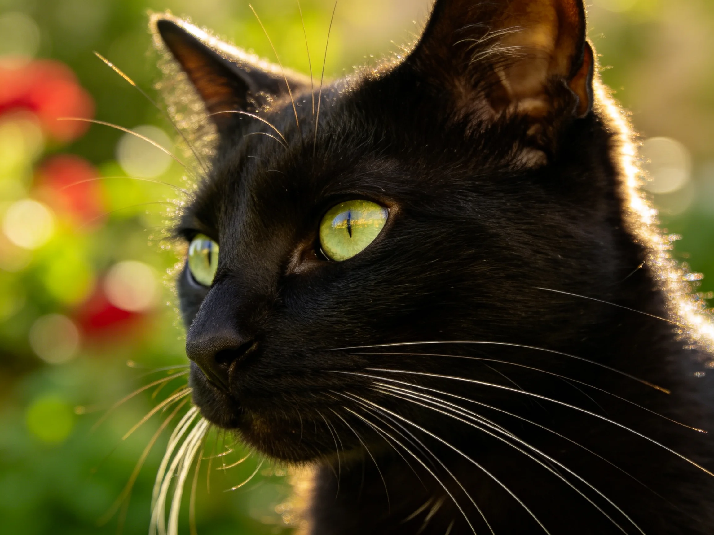 A sleek black cat with bright green eyes is in a sunlit area with blurred flowers.